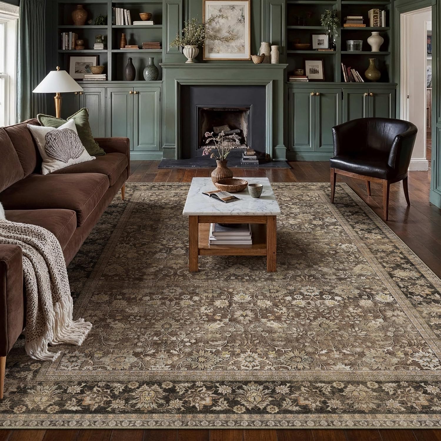 Detalle de HUGEAR 8x10 Brown Floral Area Rug, Machine Washable 🏡