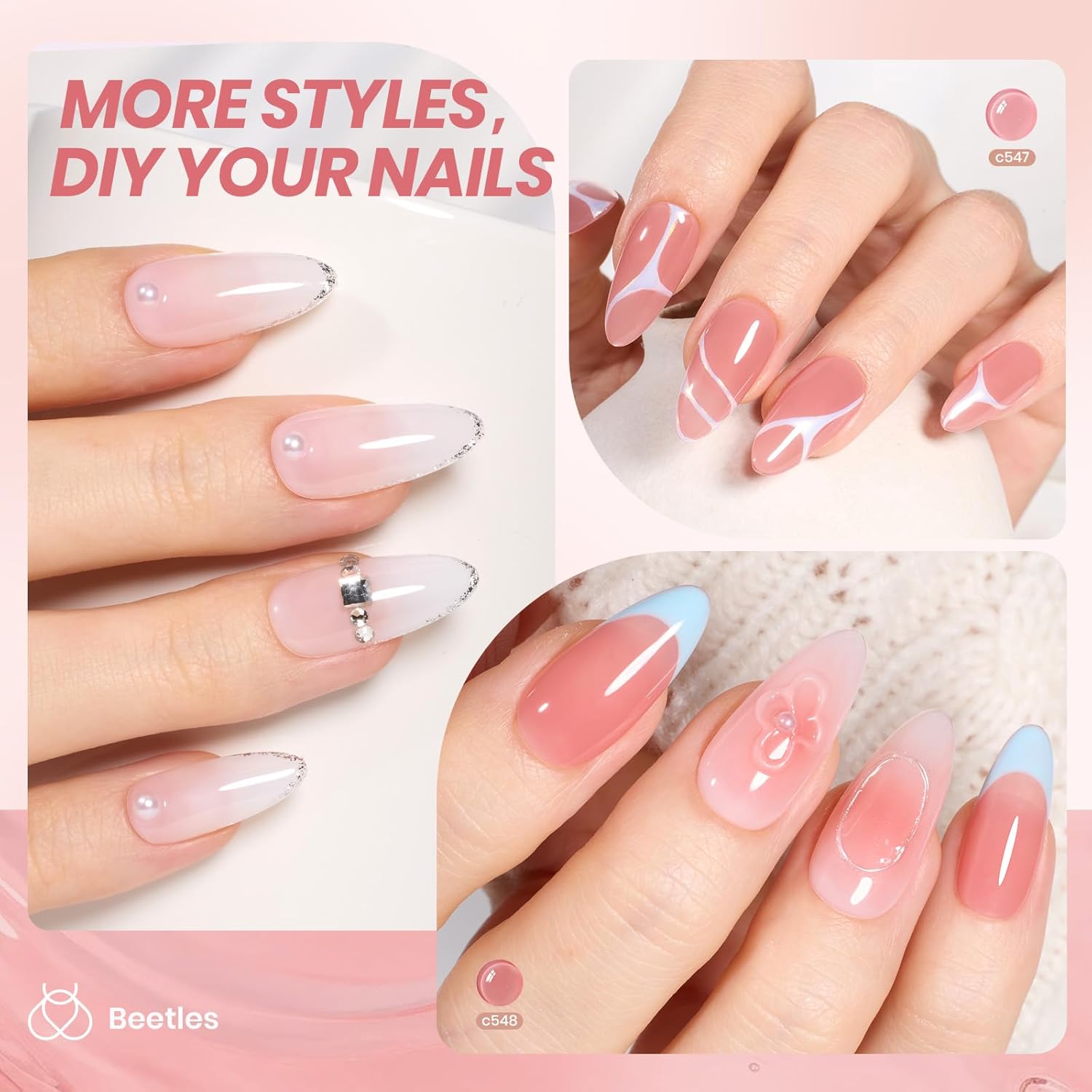 Detalle de Beetles Gel Nagellack-Set Jelly Gel – 6 milchig-weiße bis Nude-Pink Töne, 7,5 ml pro Flasche