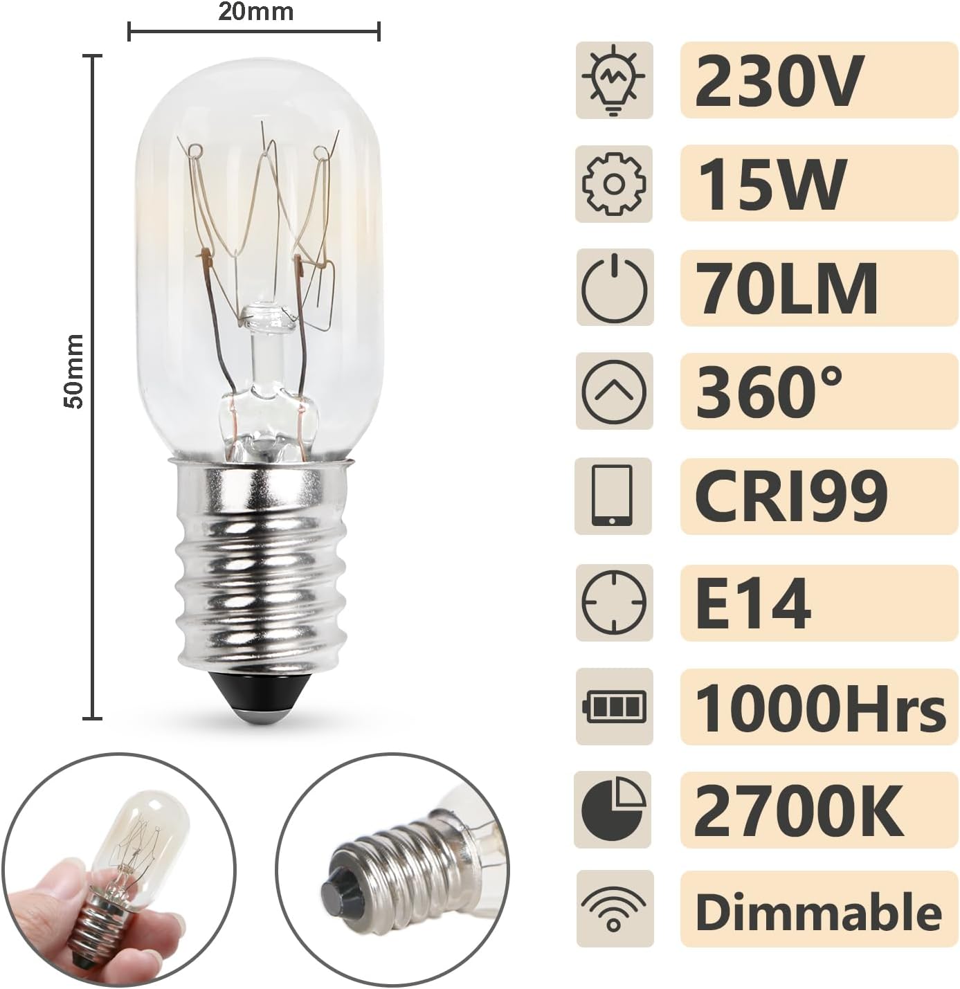 Thumbnail 1 de Comyan Kühlschranklampe 15W E14 (T20), 2700K warmweiß, dimmbar – 2 Stück