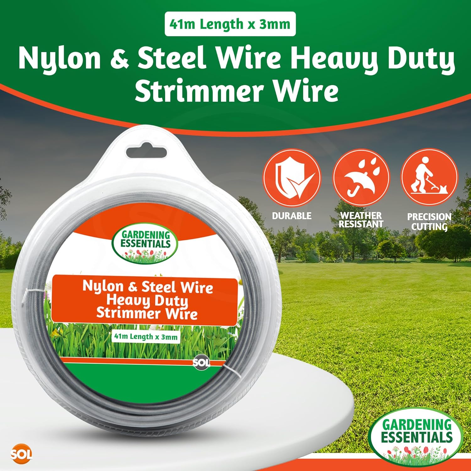Detalle de SOL 1pk Nylon & Steel Wire Heavy Duty Strimmer Wire, 3mm x 41m
