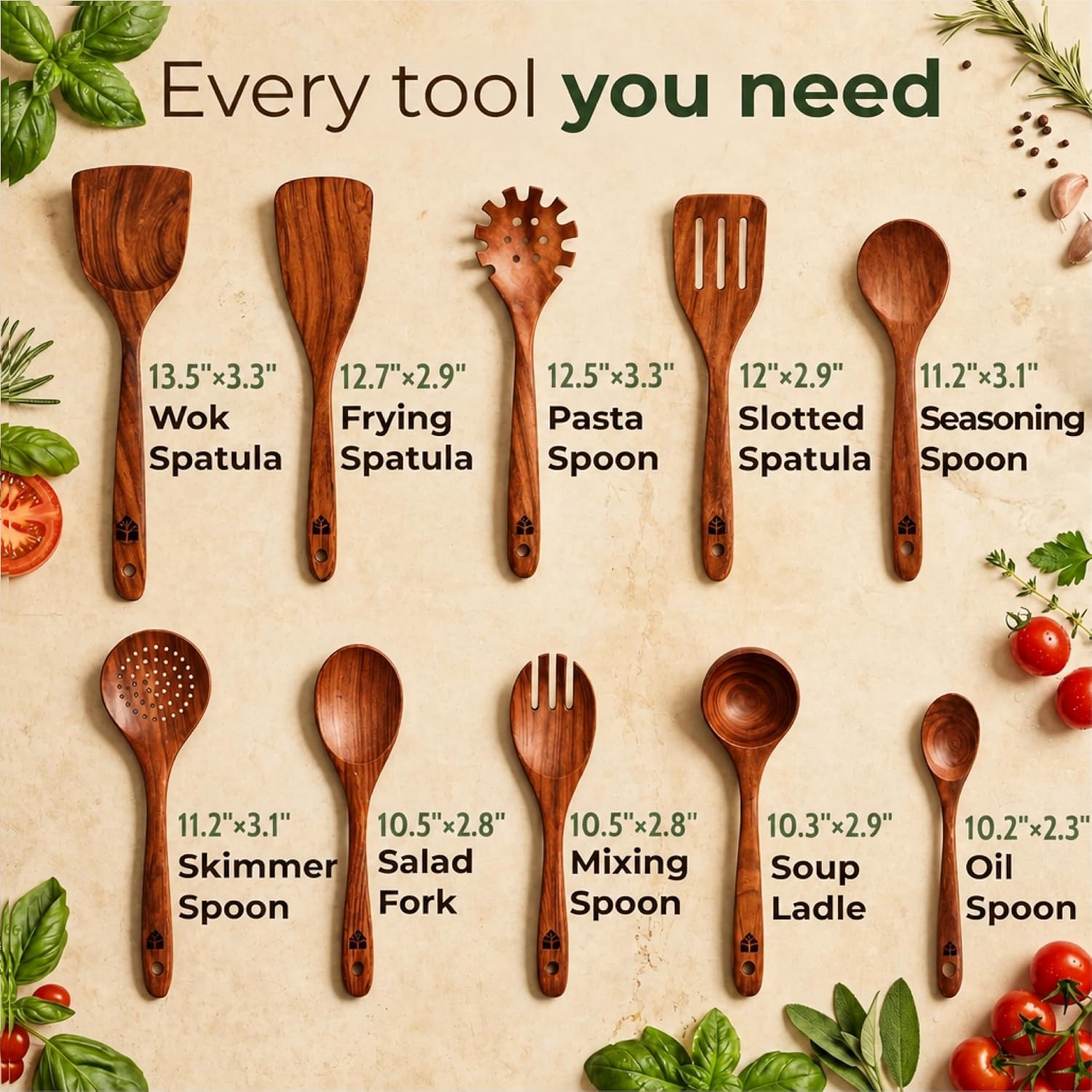 Detalle de Teak Wood 10 Pc Cooking Spoon Set 🥄