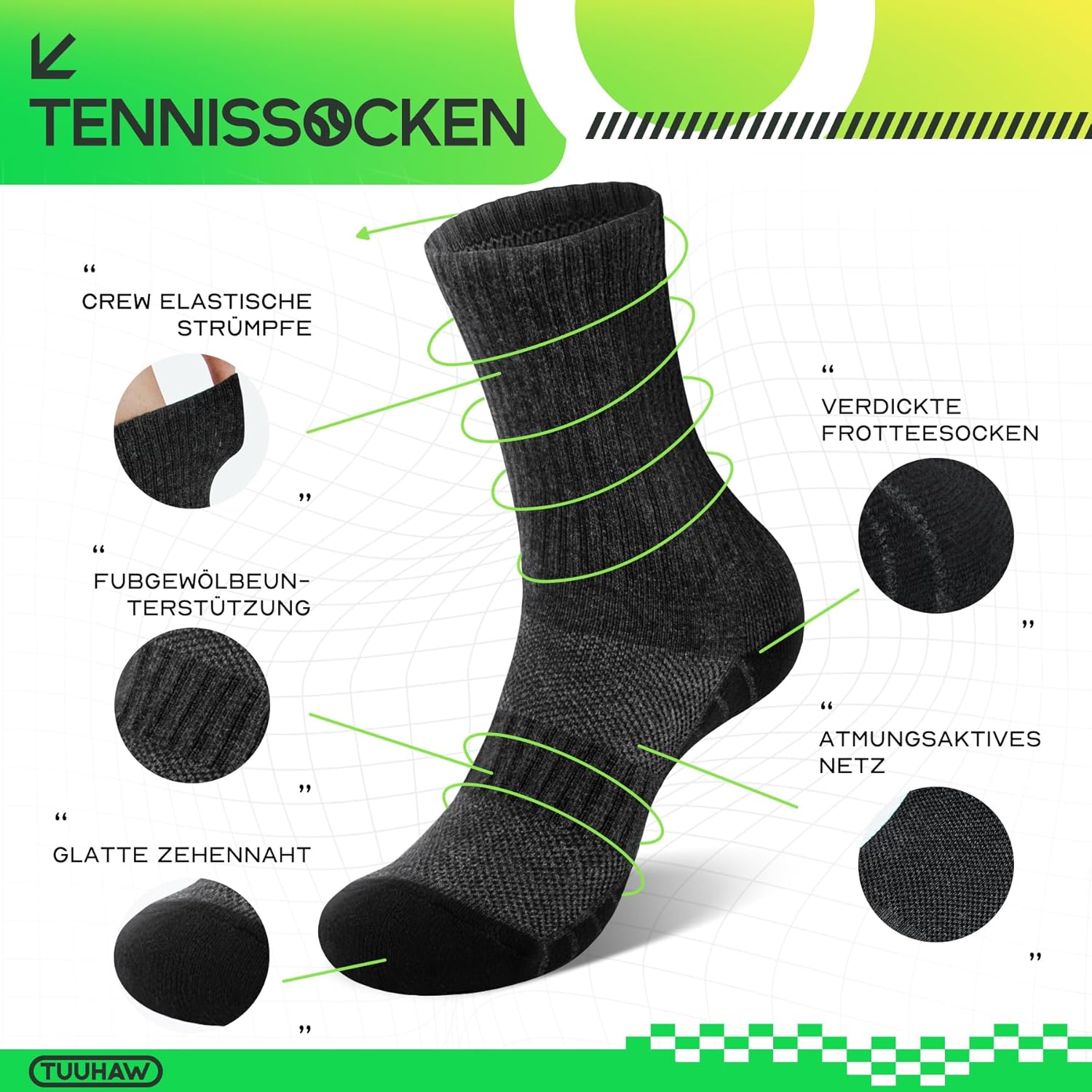 Thumbnail 1 de TUUHAW 6 Paar Tennissocken & Sportsocken (Baumwolle-Mix) in Schwarz/Weiß/Grau