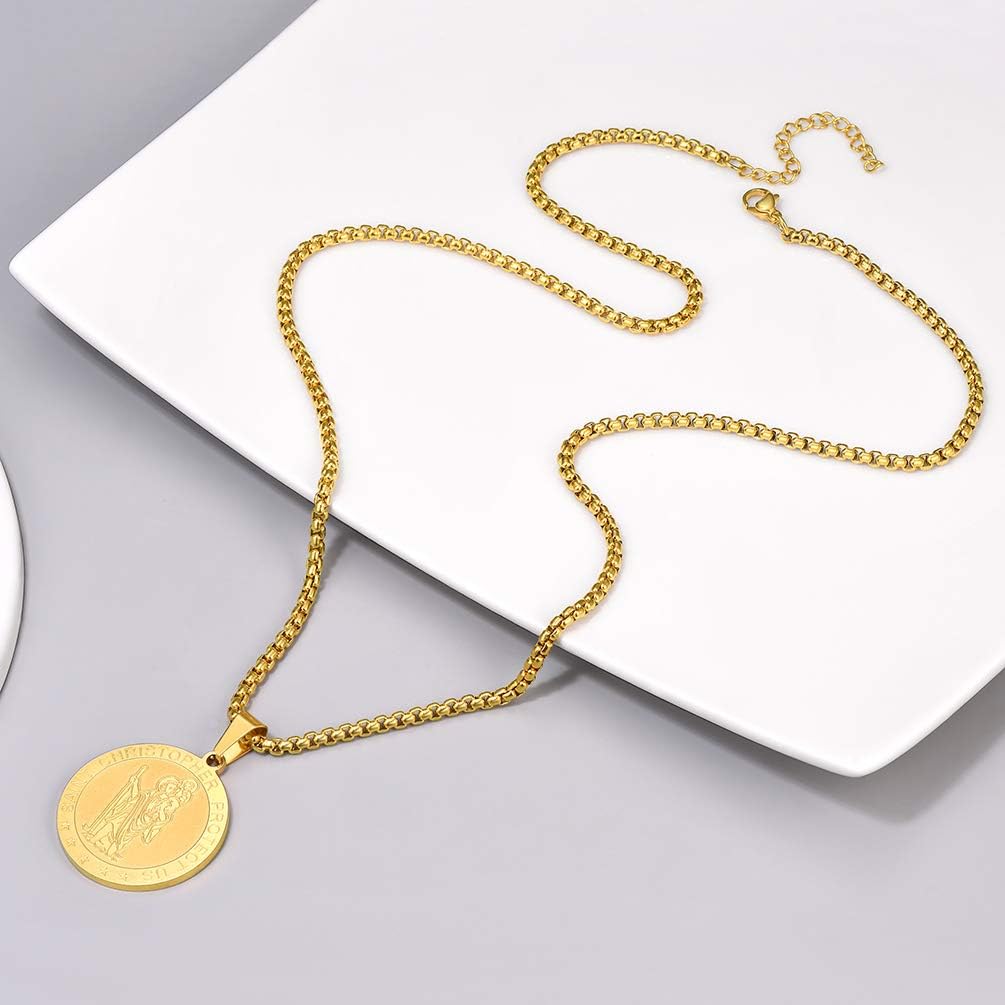 Thumbnail 3 de PROSTEEL Collier Saint Christophe en acier 316L avec pendentif rond/ovale/plaque et plaqué or jaune