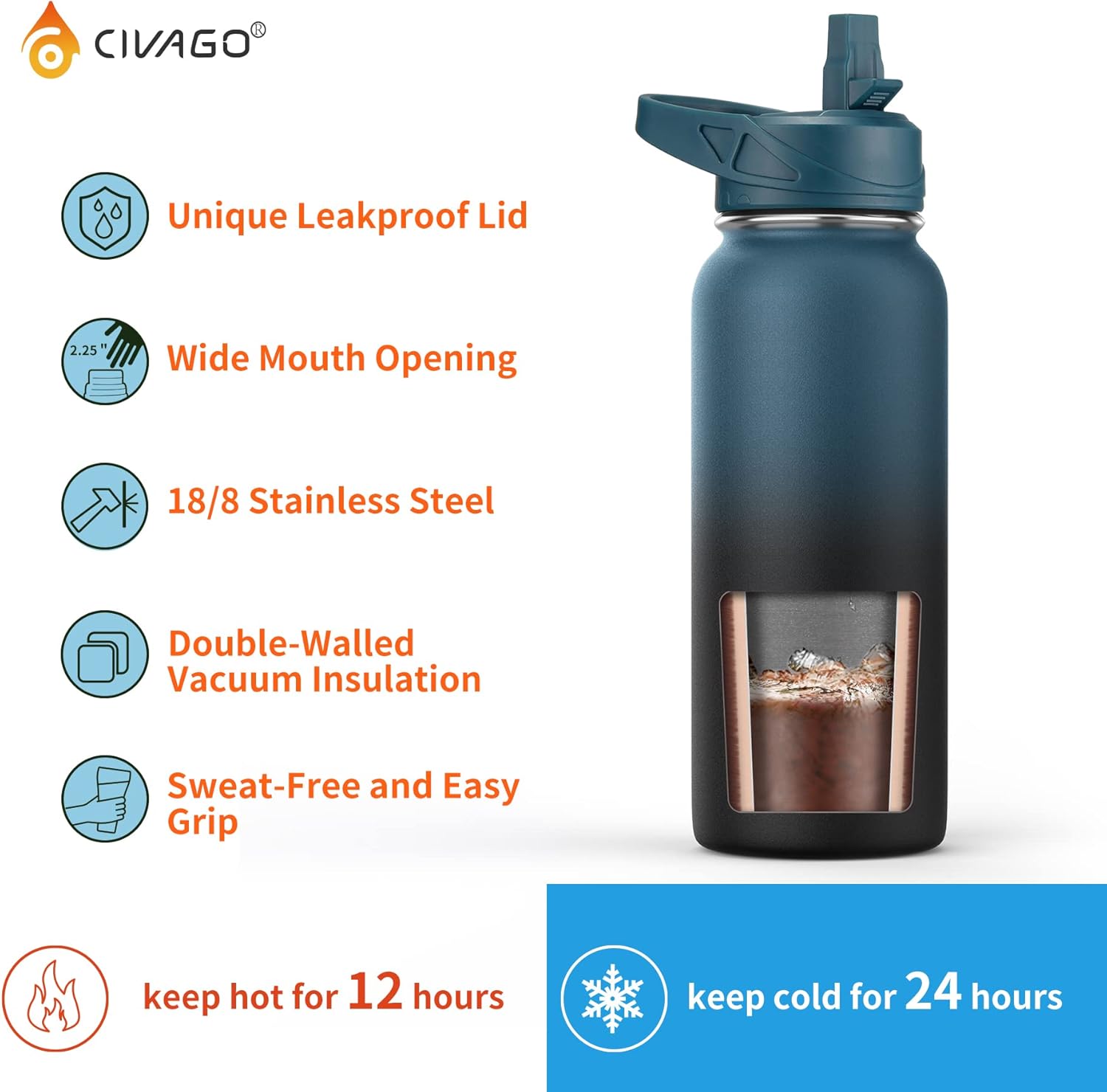 Thumbnail 1 de CIVAGO 32 oz Insulated Water Bottle with Straw — Stainless Steel, 3Lids, Wide Mouth