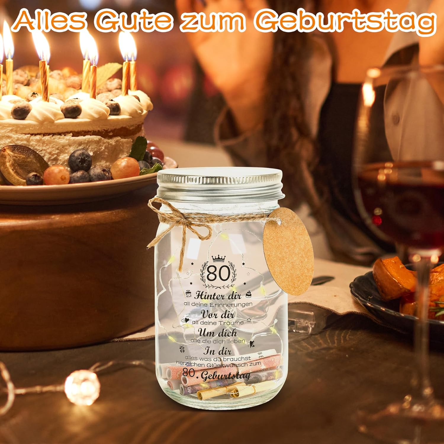 Thumbnail 5 de 18. Geburtstagsgeschenk Geld-Leuchtflasche LED Flaschenlicht (transparentes Glas, personalisierbar) – für 18 Jahre