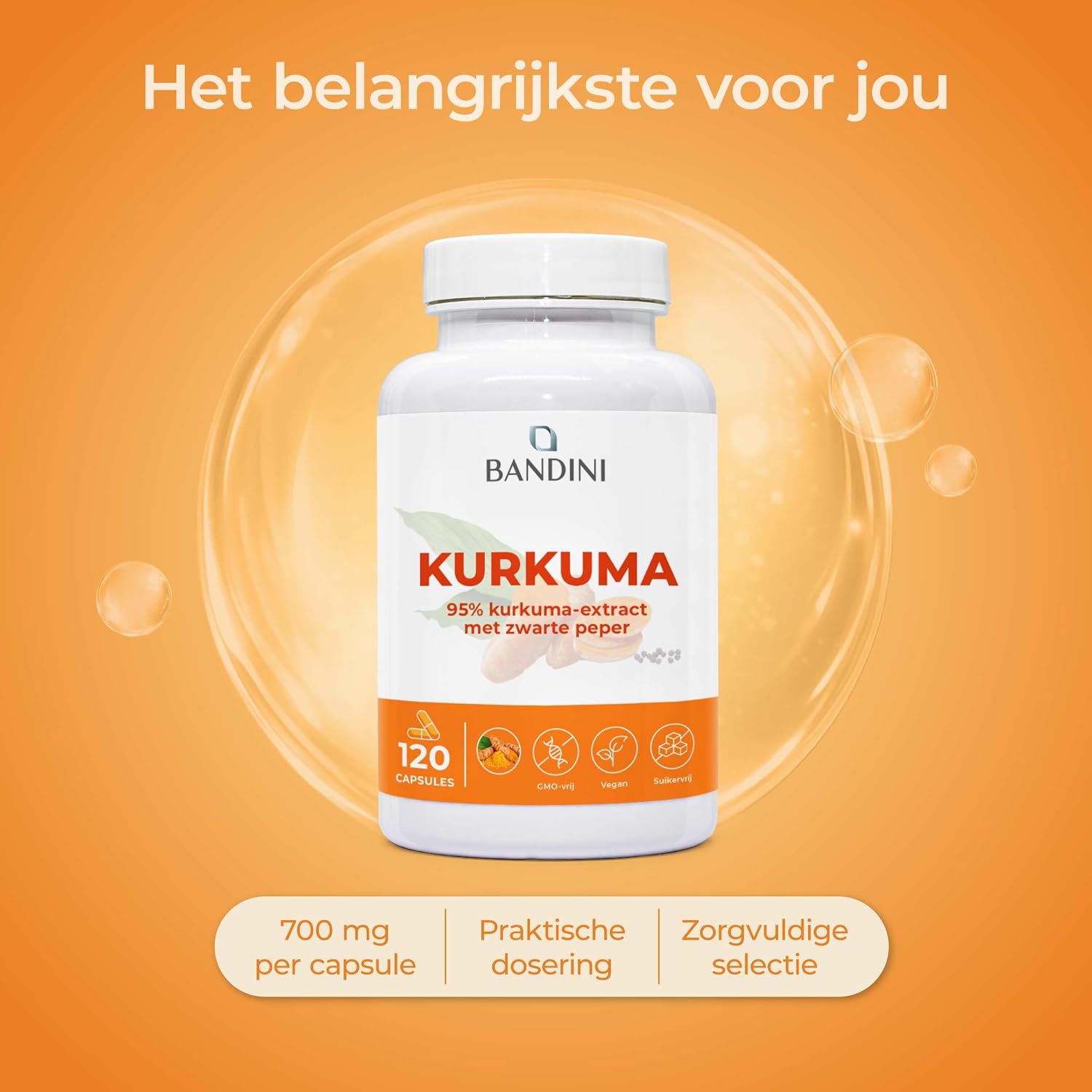 Detalle 2 de Bandini® Curcuma kurkumacapsules, 700 mg met piperine, 120 vegan capsules