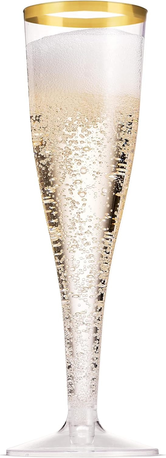 Detalle de Munfix 100 Pack Gold Plastic Champagne Flutes, 5 Oz - Elegant Disposable Stemware for Any Celebration