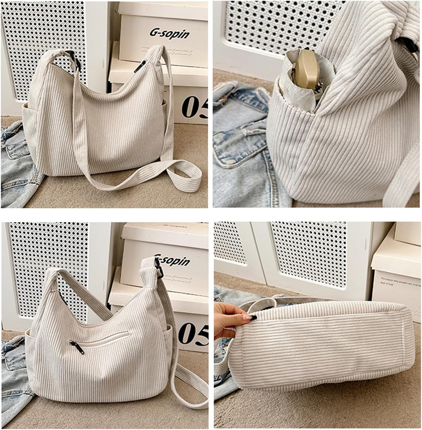 Detalle de HAIWILL Crossbody Bag Damen: middelgrote corduroy schoudertas met verstelbare riem