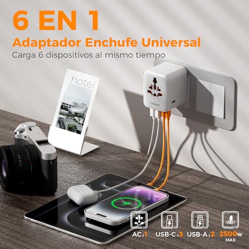 Detalle de TESSAN Adaptador universal de viaje con 3 USB-C, 2 USB-A y toma AC