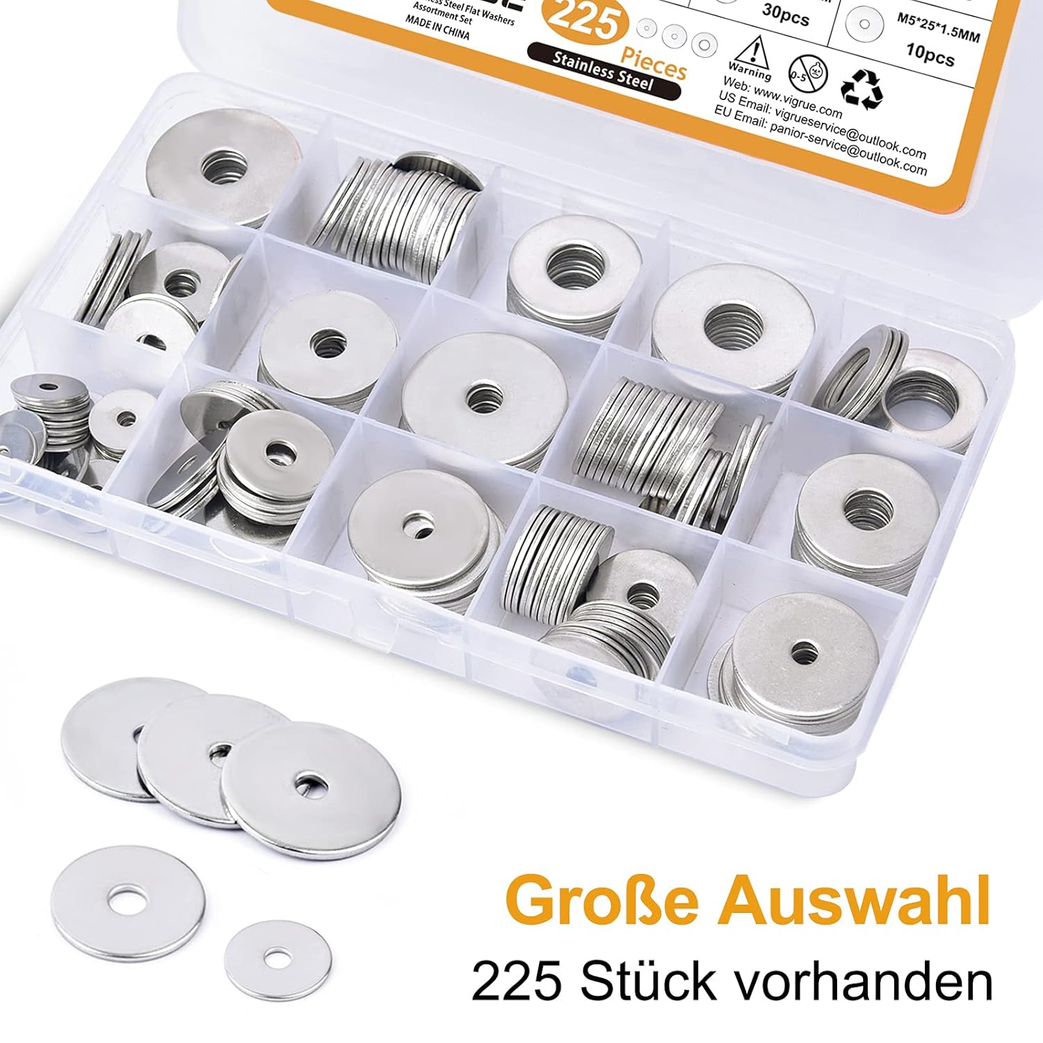 Thumbnail 3 de VIGRUE 225 Stück Edelstahl Flache Unterlegscheiben Set (7 Größen) für M3–M12