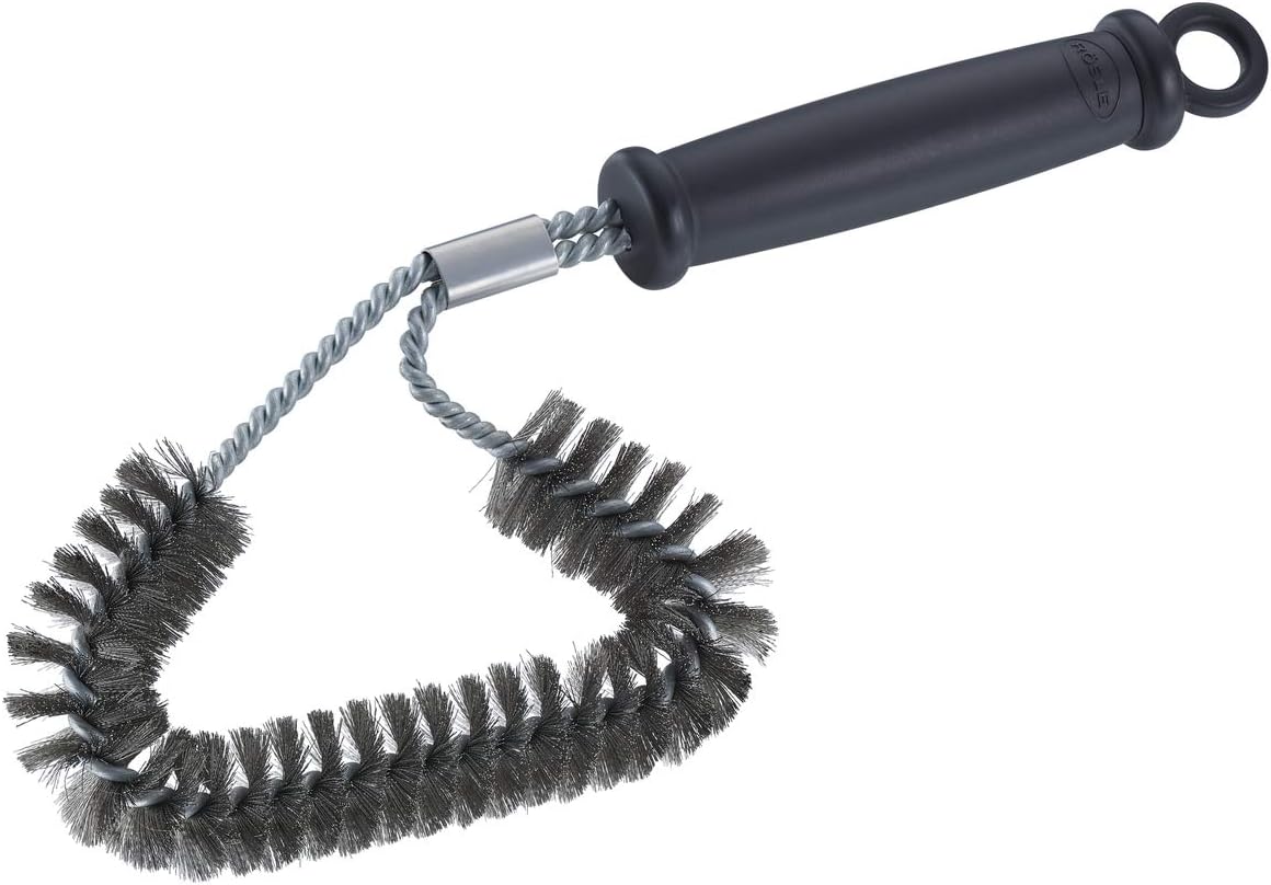 Detalle de RÖSLE Grillrost-Reinigungsbürste, 30 cm – Edelstahl-Chrom-Emaille, Stahlborsten, schwarz/silbern