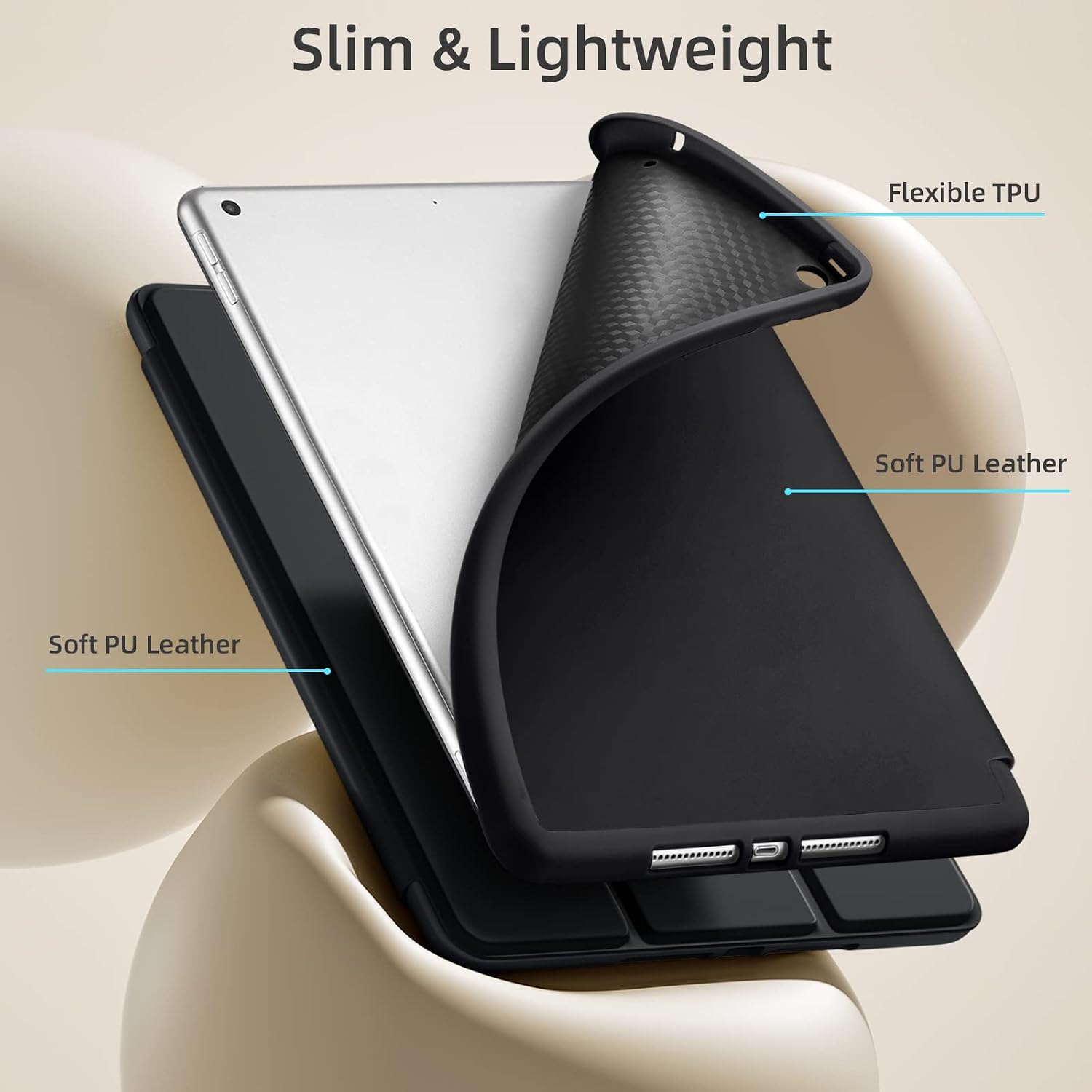 Detalle 1 de Akkerds iPad Case for 10.2-Inch 7th–9th Gen, Black, Pencil Holder & Tri-Fold Stand