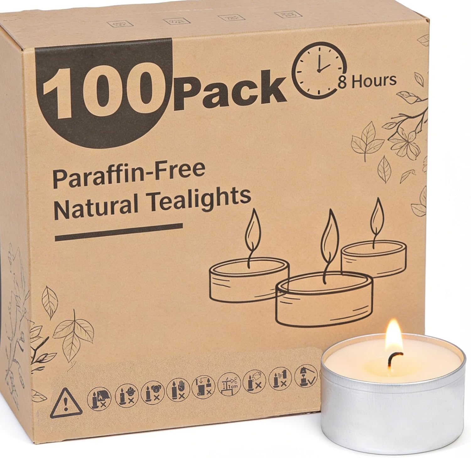 Detalle de 100 Pack 8 Hour Vegan Wax Tea Light Candles — Unscented, Long Burning with Cotton Wicks