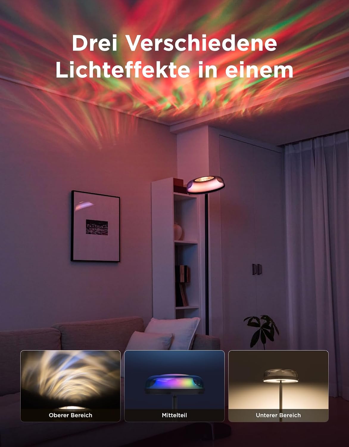 Detalle 2 de Govee Stehlampe Wohnzimmer Deckenfluter Wellenbeleuchtung RGBICWW mit 3-Zonen, Matter & Alexa
