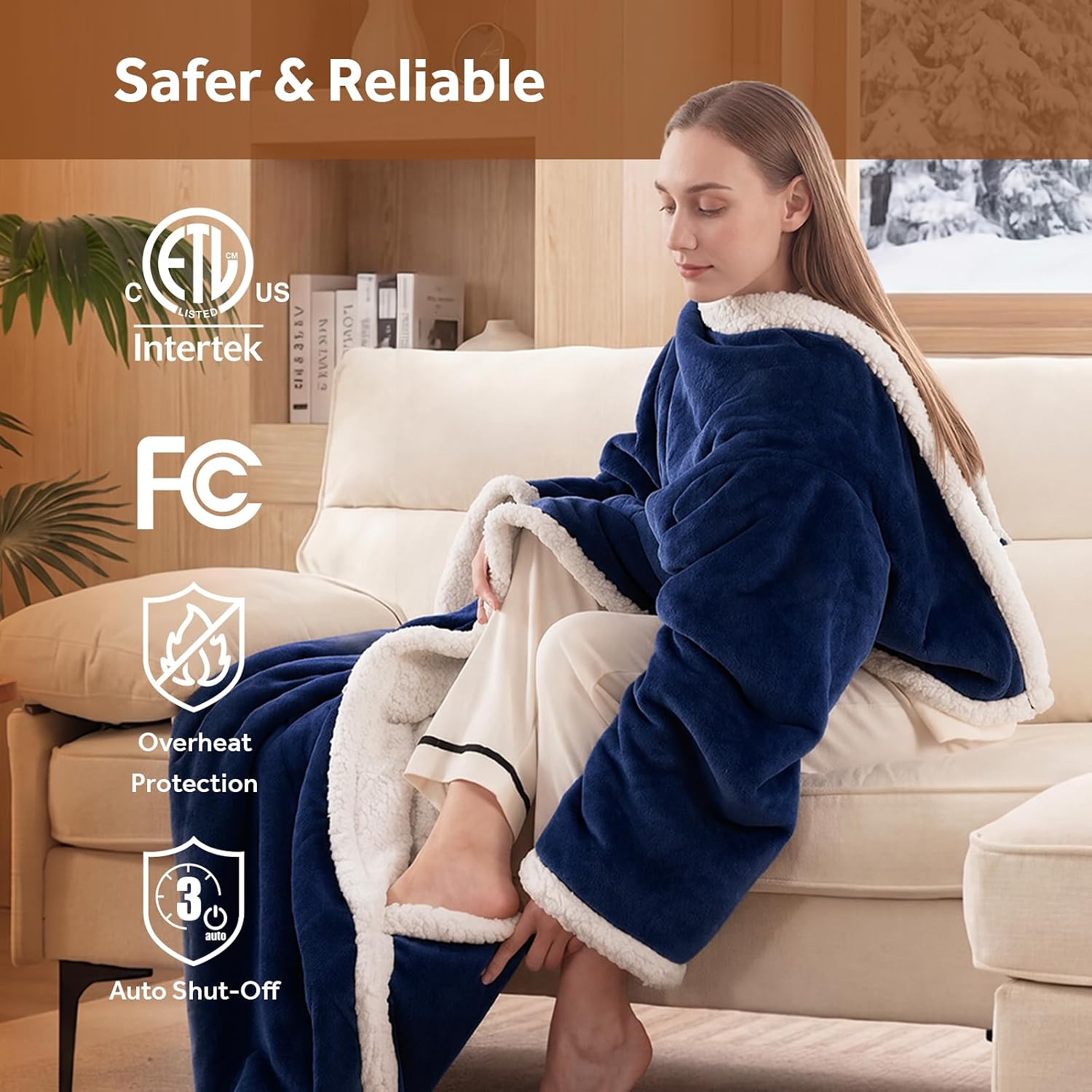 Detalle de Westinghouse Wearable Heated Blanket, Navy Sherpa Throw with Sleeves and Foot Pocket