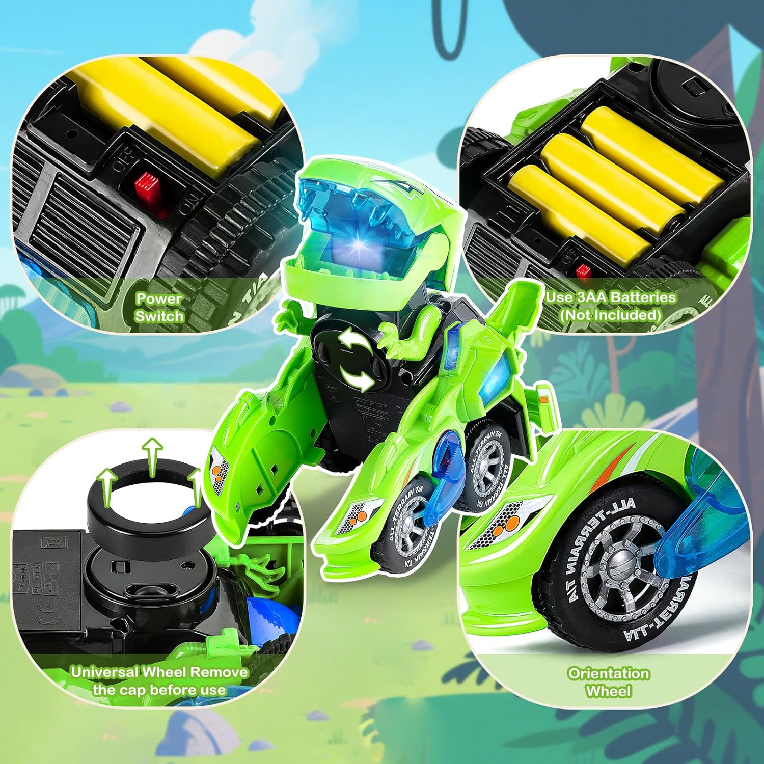 Thumbnail 3 de Yellcetoy Dinosaur Transforming Car (Automatic Dino Car Toy) with Flashing Lights & Sound – Green