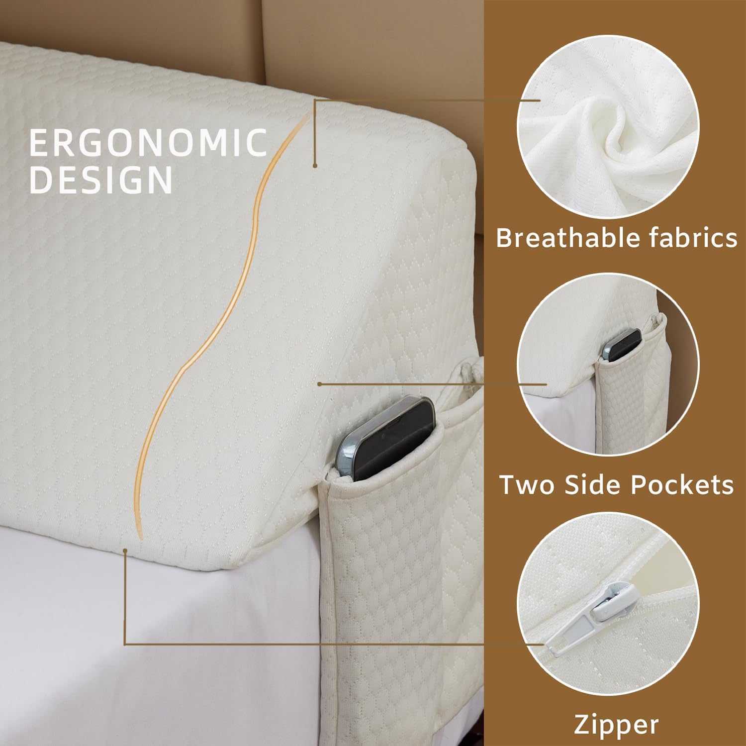 Detalle 2 de Bedluxe King Bed Wedge Pillow, High-Density Foam, Side Pockets, 76 x 10 x 6 in