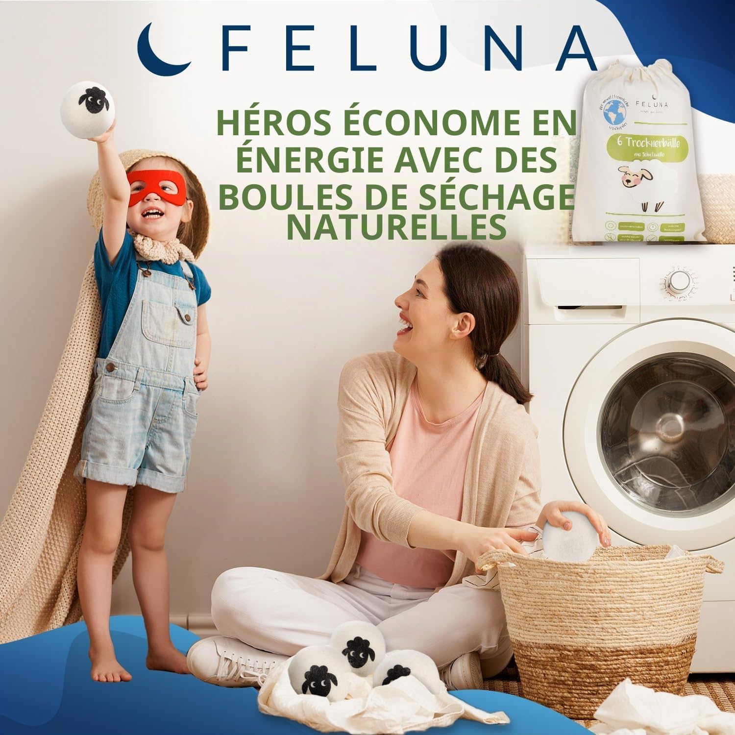 Detalle de Feluna Eco-droogballen set van 6 – 100% schapenwol, handgemaakt