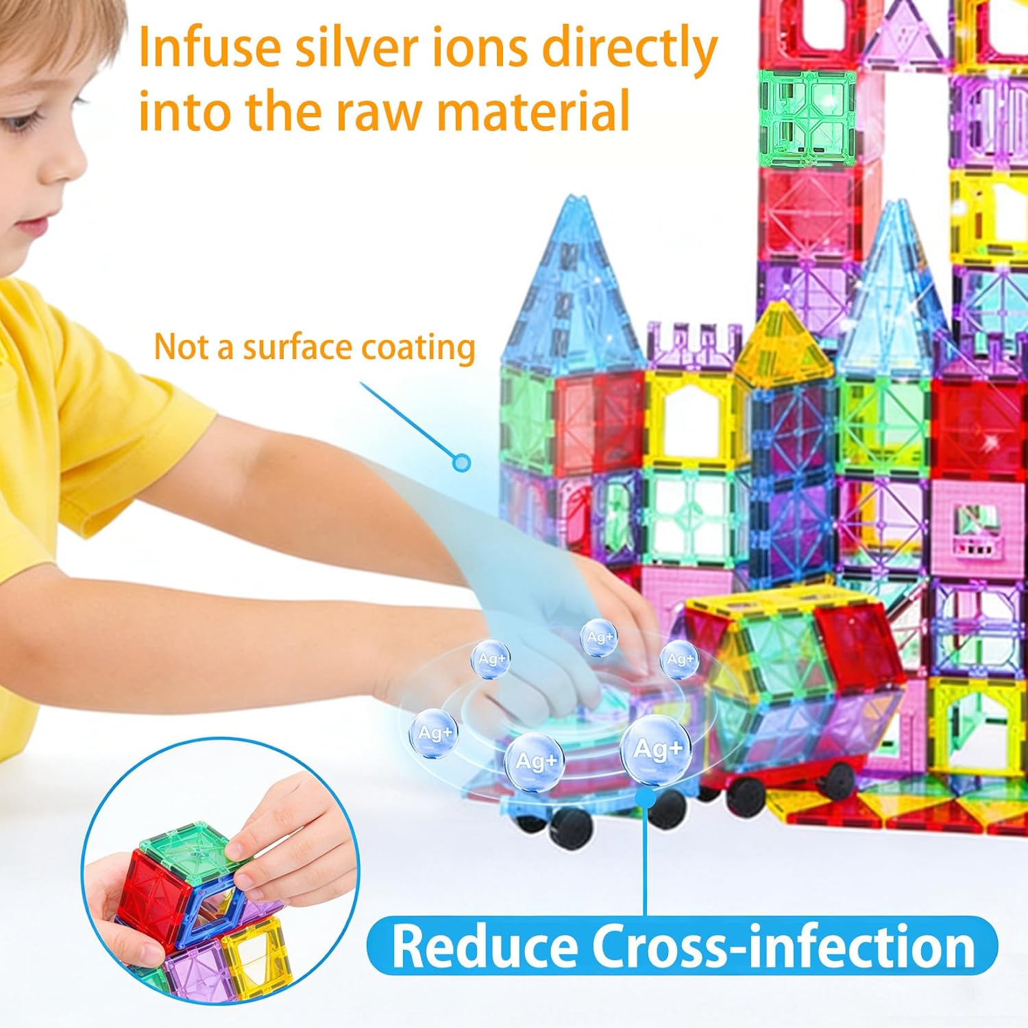 Thumbnail 3 de HAPPYMATY Upgraded Antibacterial Magnetic Tiles (106 PCS) with 2 Cars for Kids