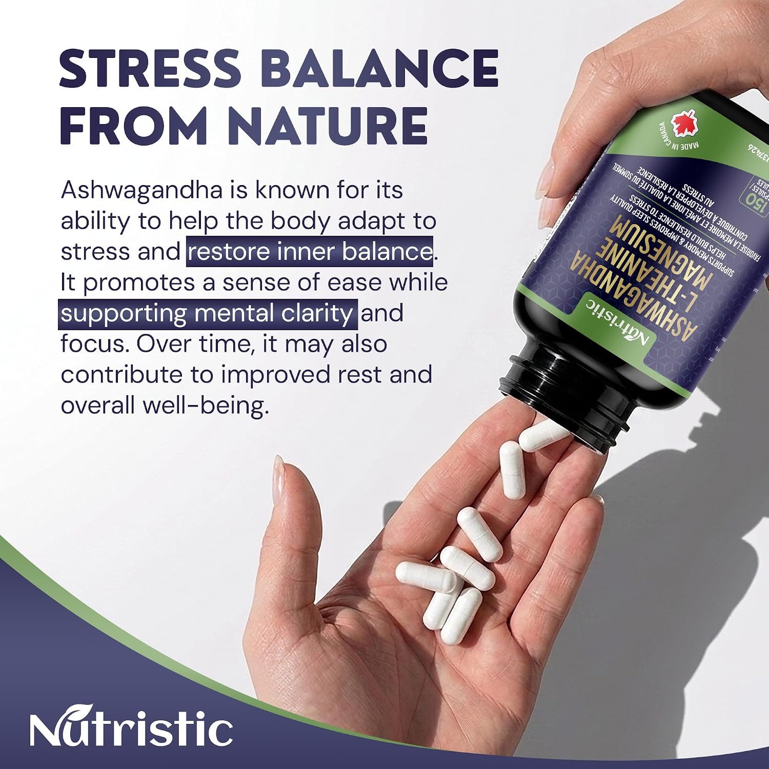 Detalle de Nutristic 3-in-1 Ashwagandha Capsules with L-Theanine & Magnesium, 150 Count