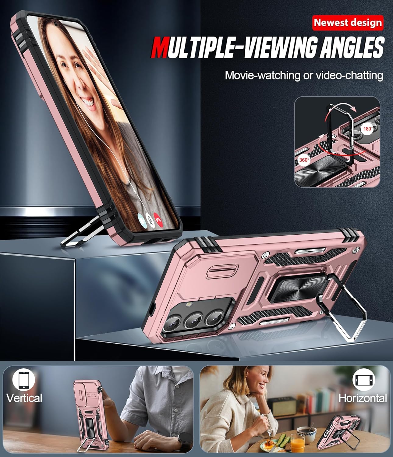 Thumbnail 4 de LeYi Samsung Galaxy S25 Case with Camera Lens Cover Slider, Ring Stand – Military-Grade, Rose Gold