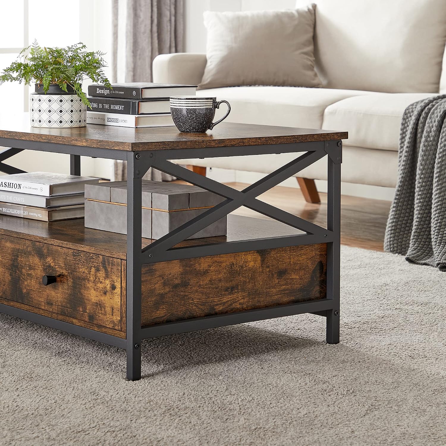 Thumbnail 6 de VASAGLE LCT201B01 Coffee Table, 2 Drawers, Steel X-Frame, Rustic Brown and Black