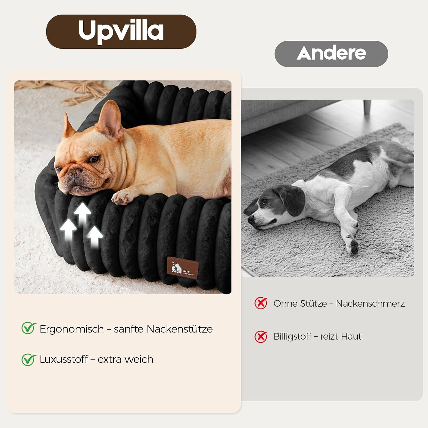 Detalle de Upvilla Luxusweicher Hundekorb – Vier-Seiten-Hundebett mit Memory-Schaum, abnehmbarem Bezug (Schwarz, 92 × 69 × 20 cm)