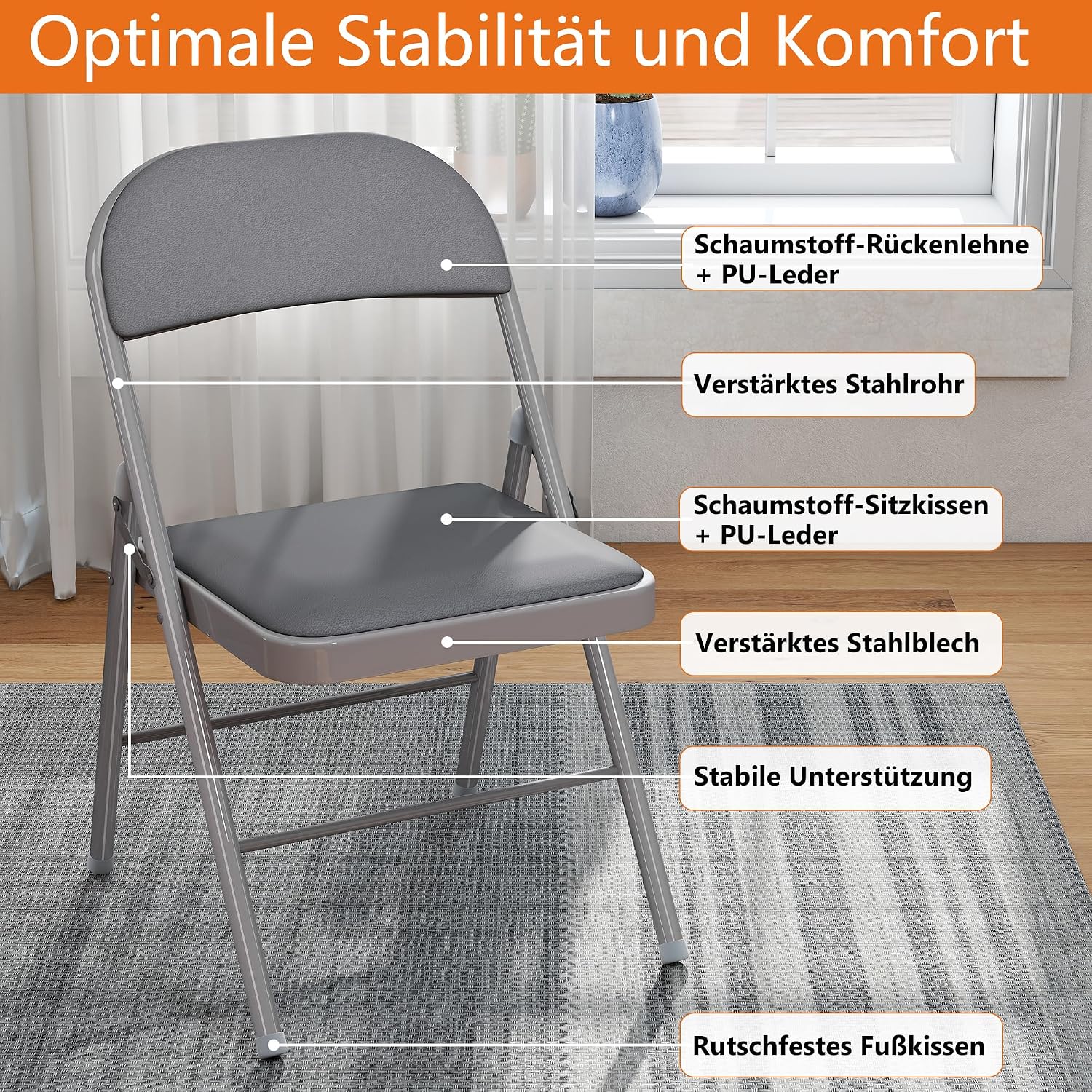 Thumbnail 3 de Asdsed Klappstuhl 4er-Set – gepolsterte Metall-Klappstühle mit 204 kg Tragkraft