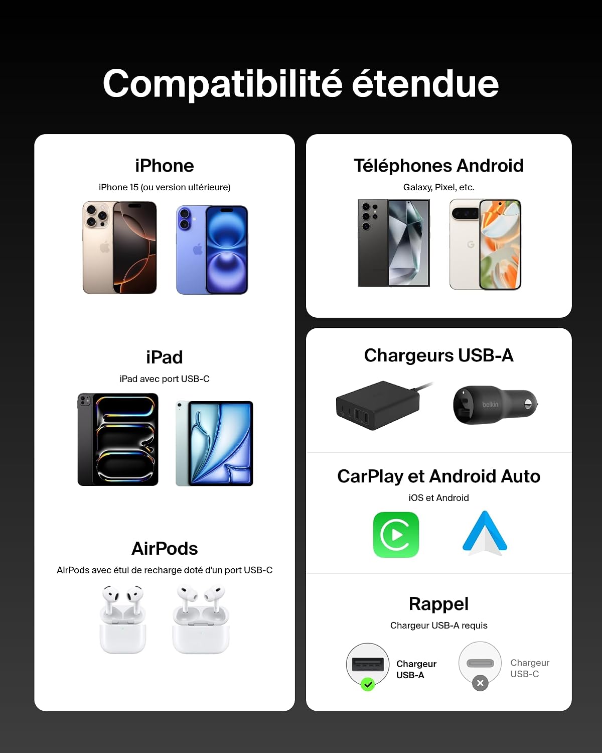 Thumbnail 4 de Belkin Pack de 2 Câbles USB-A vers USB-C 1,5 m noir
