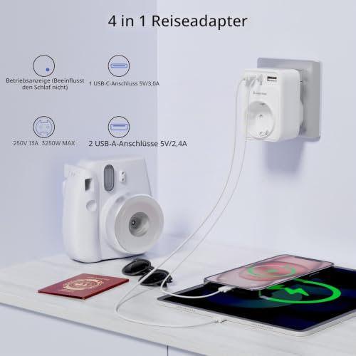Detalle de Sameriver Reiseadapter Indien – 4-in-1 Reise-Steckdosenadapter mit USB (2x USB-A, 1x USB-C) und Typ-D Anschluss
