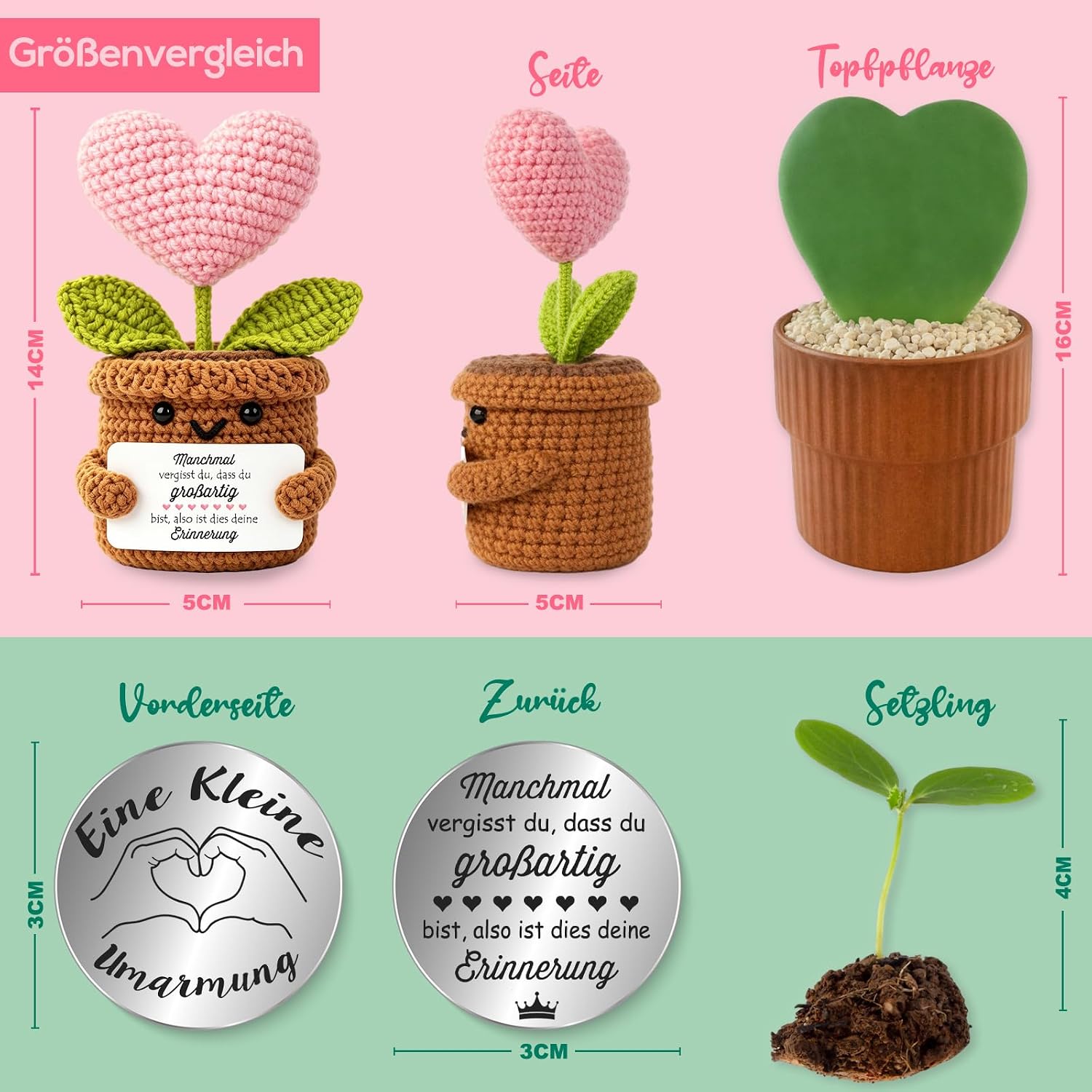 Thumbnail 1 de Tixlux Pocket Hug Positive Herzpflanzen-Figur – handgenähte Strickwolle Herzpflanze mit Mini-Glücksbringer