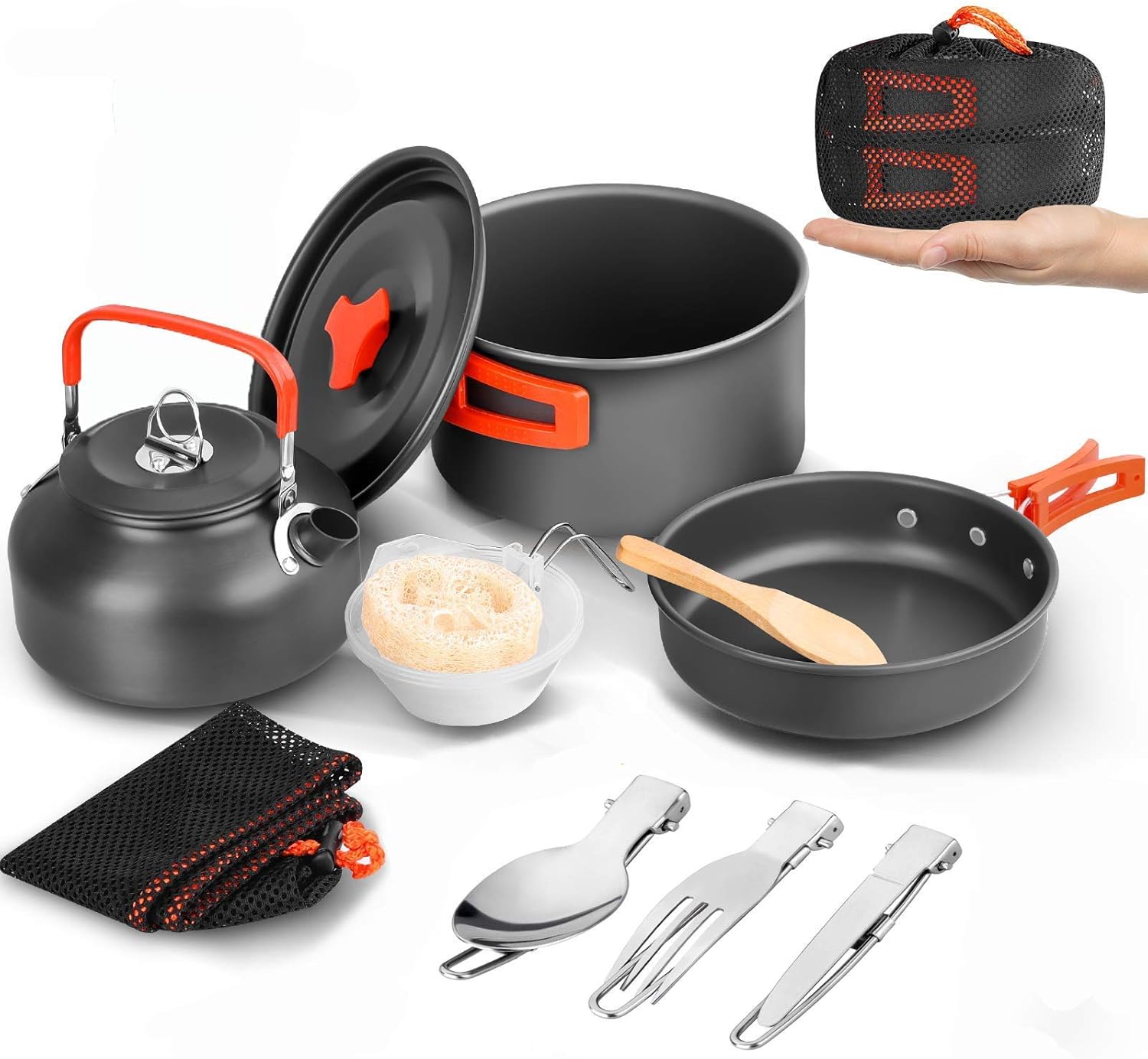 Detalle de Aandyou Camping Cookware Kit (13-piece) for 2–3 people: non-stick pot, pan & 0.8 L kettle