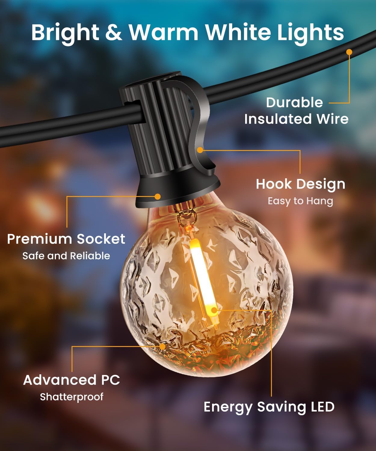 Detalle de Catena Luminosa Esterno 20M con 30+2 Lampadine LED Effetto Fragola – IP44, Bianco Caldo 2700K