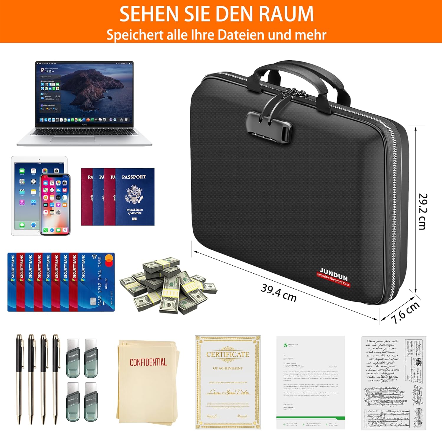 Thumbnail 3 de JUNDUN Feuerfeste Dokumentenbox mit Schloss & Trageriemen – Hartschalen-Aktentasche mit 13 Fächern