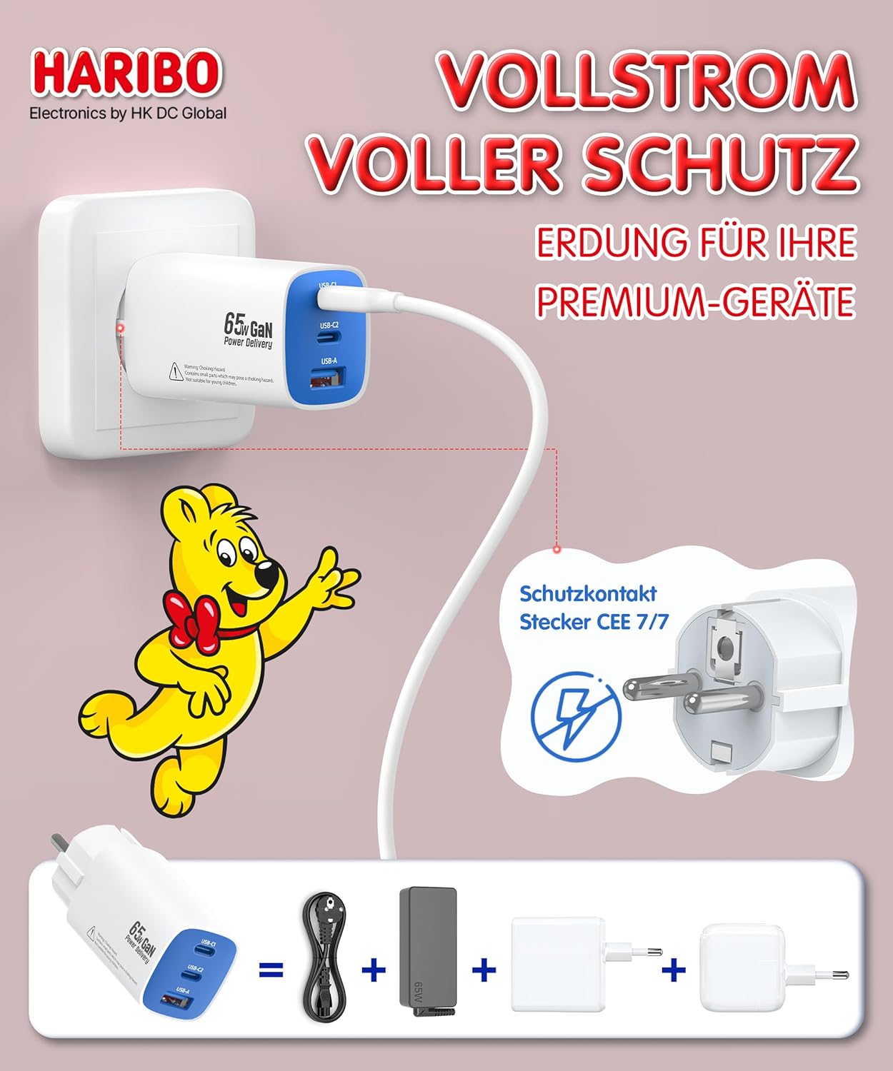 Detalle 2 de HARIBO USB C Ladegerät 65W Schnellladegerät 🔌