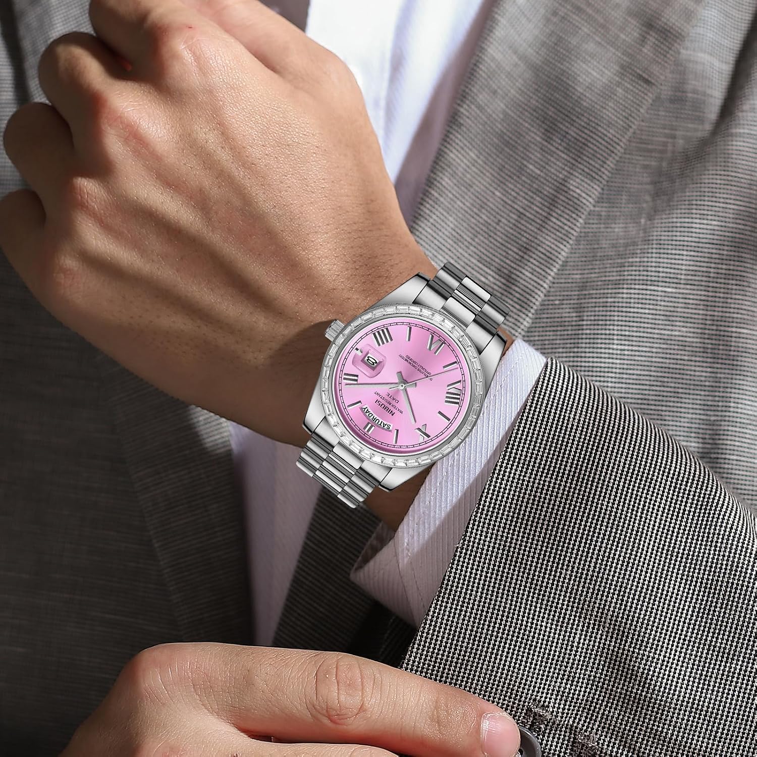 Thumbnail 4 de NIBOSI Herren Analog Quarz-Uhr mit Tages- und Datumsanzeige, Edelstahl & Diamantlünette