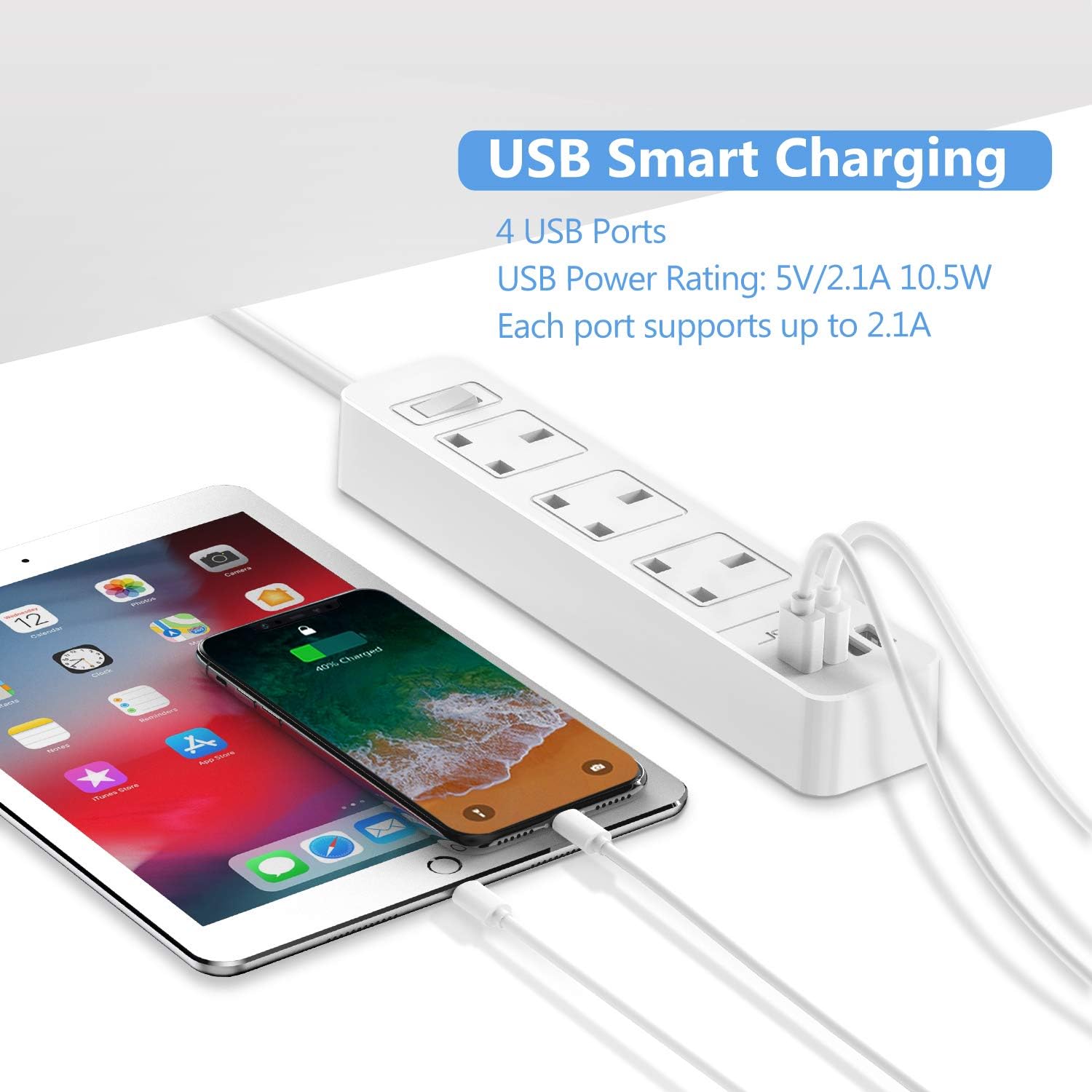 Thumbnail 3 de JSVER Extension Lead USB Power Strip (3 AC sockets, 4 USB ports) with 3m lead – 13A, White