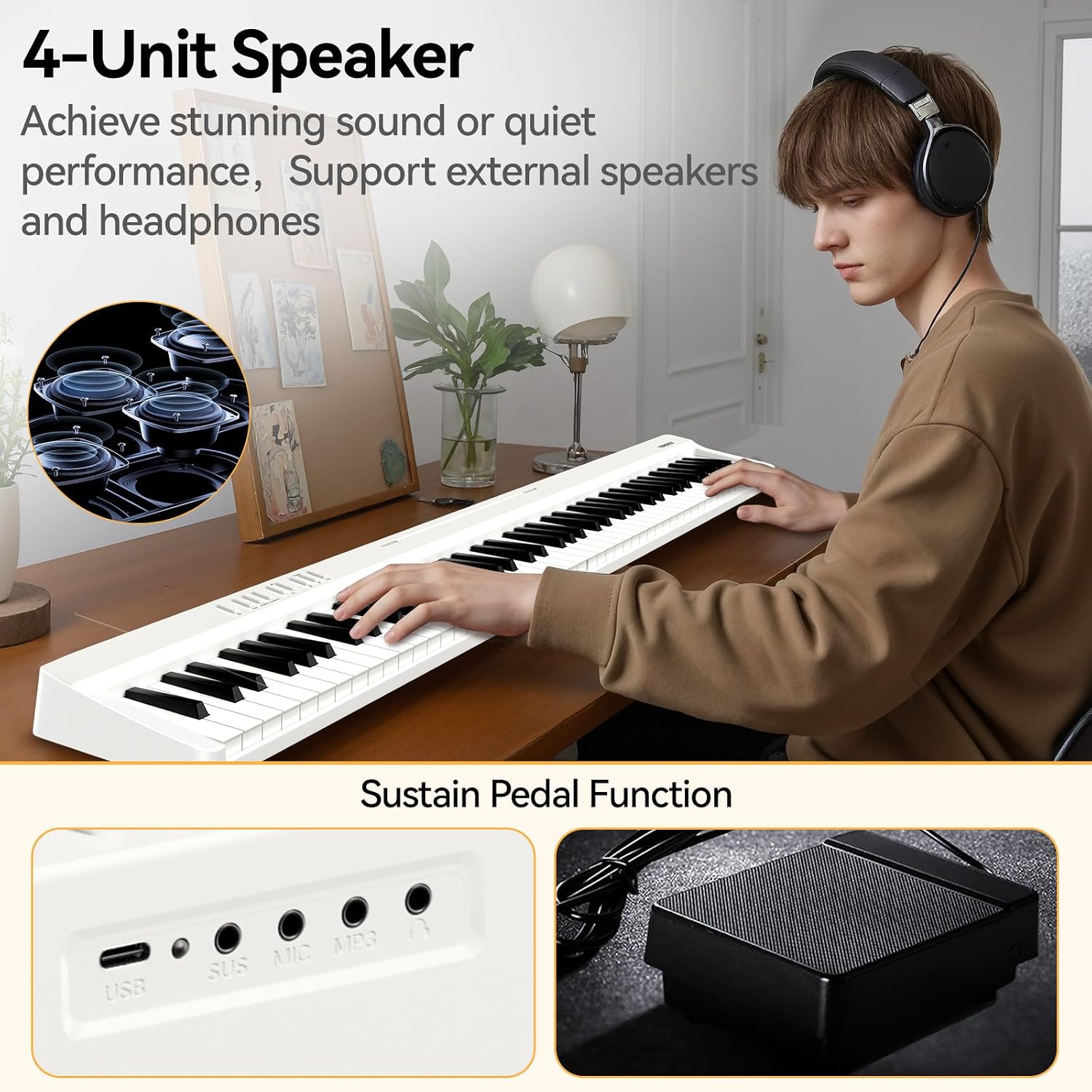 Detalle de TERENCE E Piano 88 Tasten – Tragbares Semi-Weighted Keyboard Piano mit Aufnahmefunktionen, Bluetooth MIDI und USB-Konnektivität