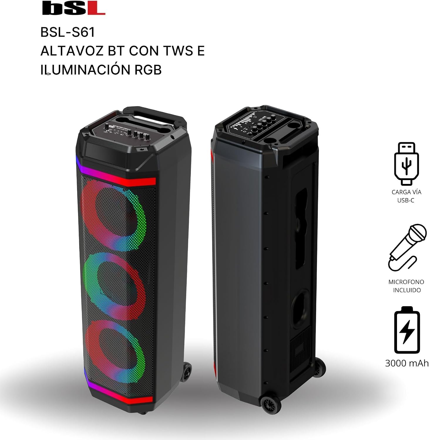 Detalle 2 de BSL BEAUTIFUL SOUND LINE BSL-S61 altoparlante Bluetooth con illuminazione, 3 altoparlanti da 8" e microfono incluso