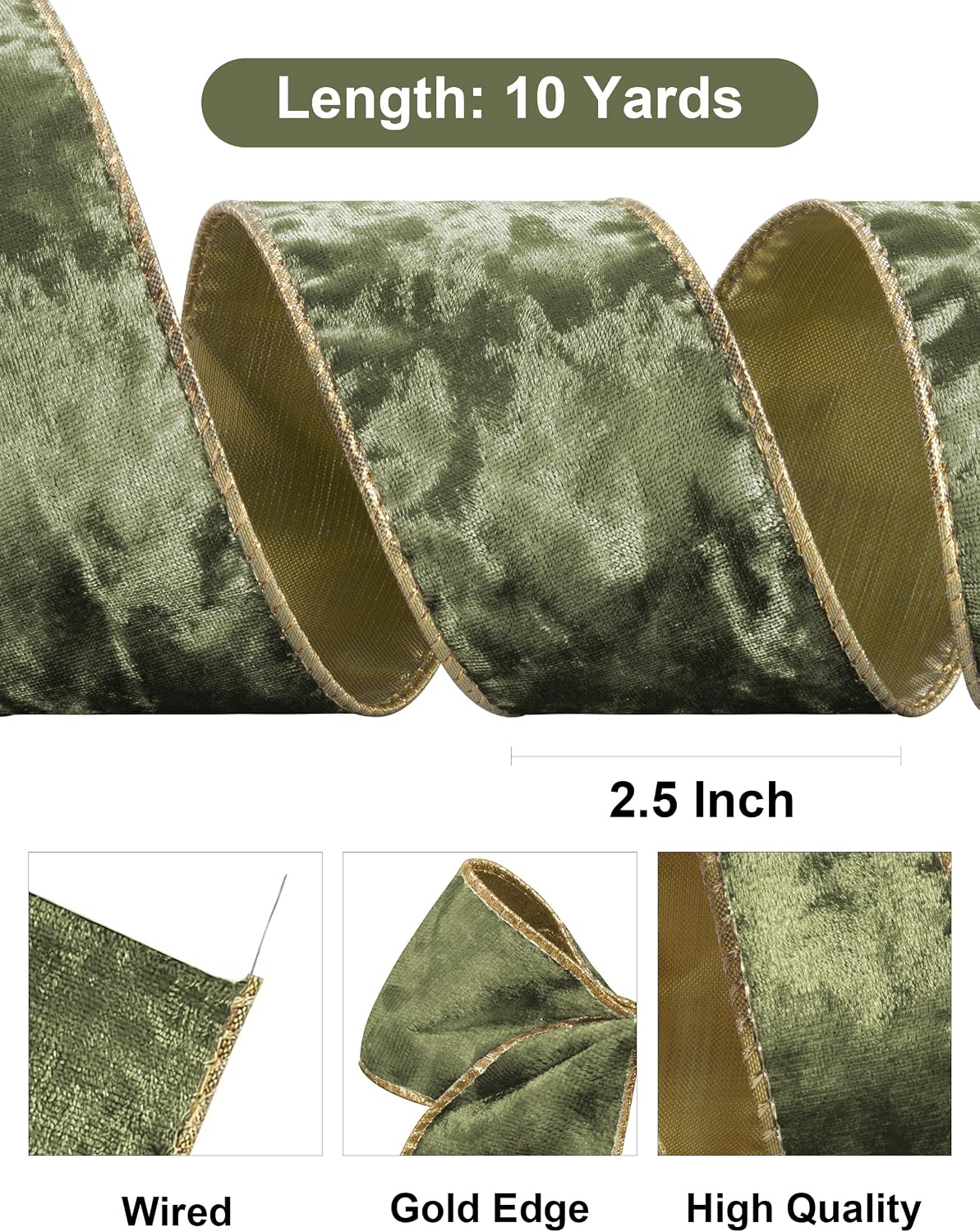 Detalle 2 de SIMISI RIBBON Olive Green Crushed Velvet Wired Ribbon, 2.5-Inch, 10 Yards