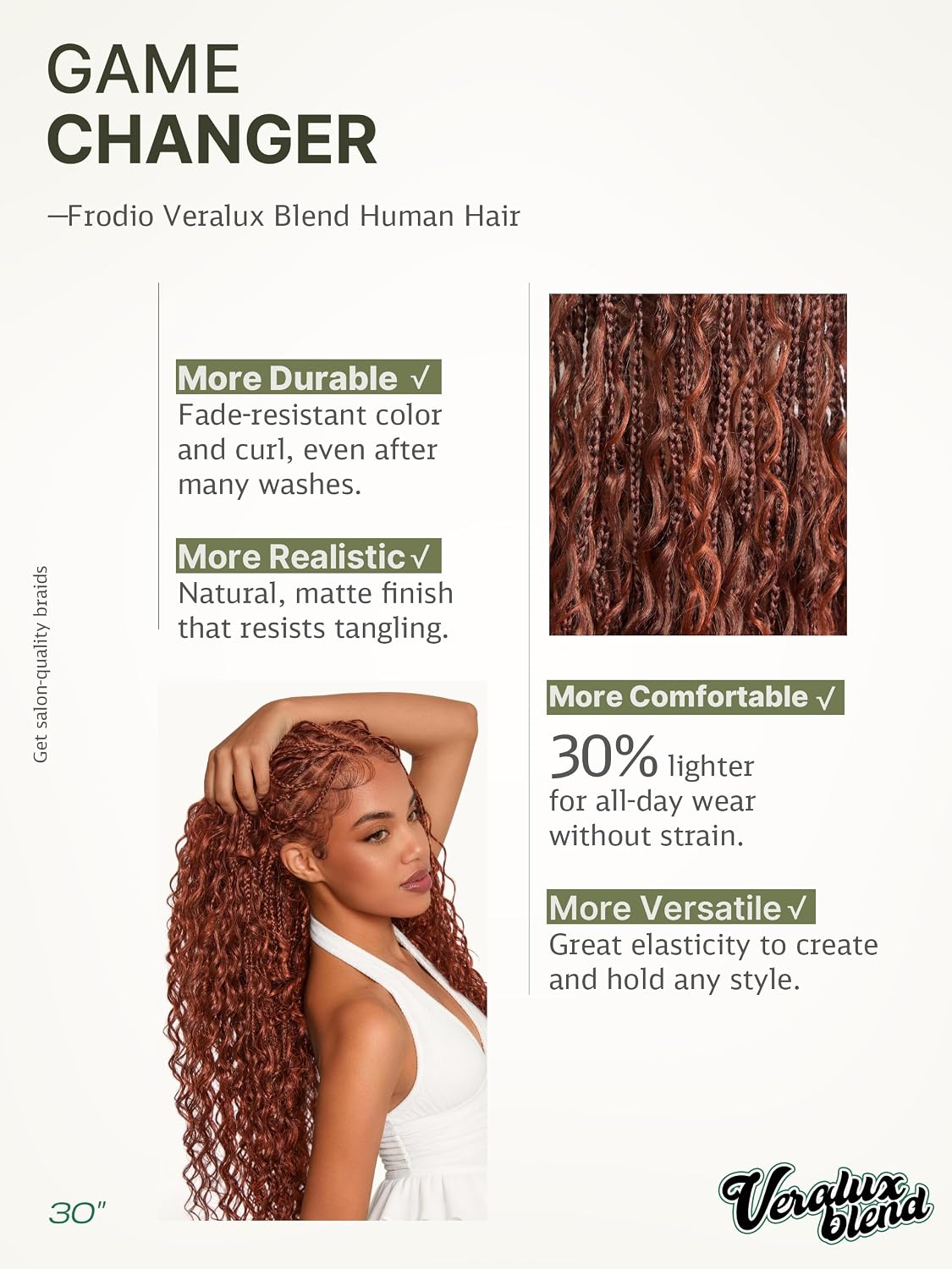 Detalle de Frodio Veralux™ Fiber Full Lace Boho Braided Wig, 30-Inch Dark Ginger