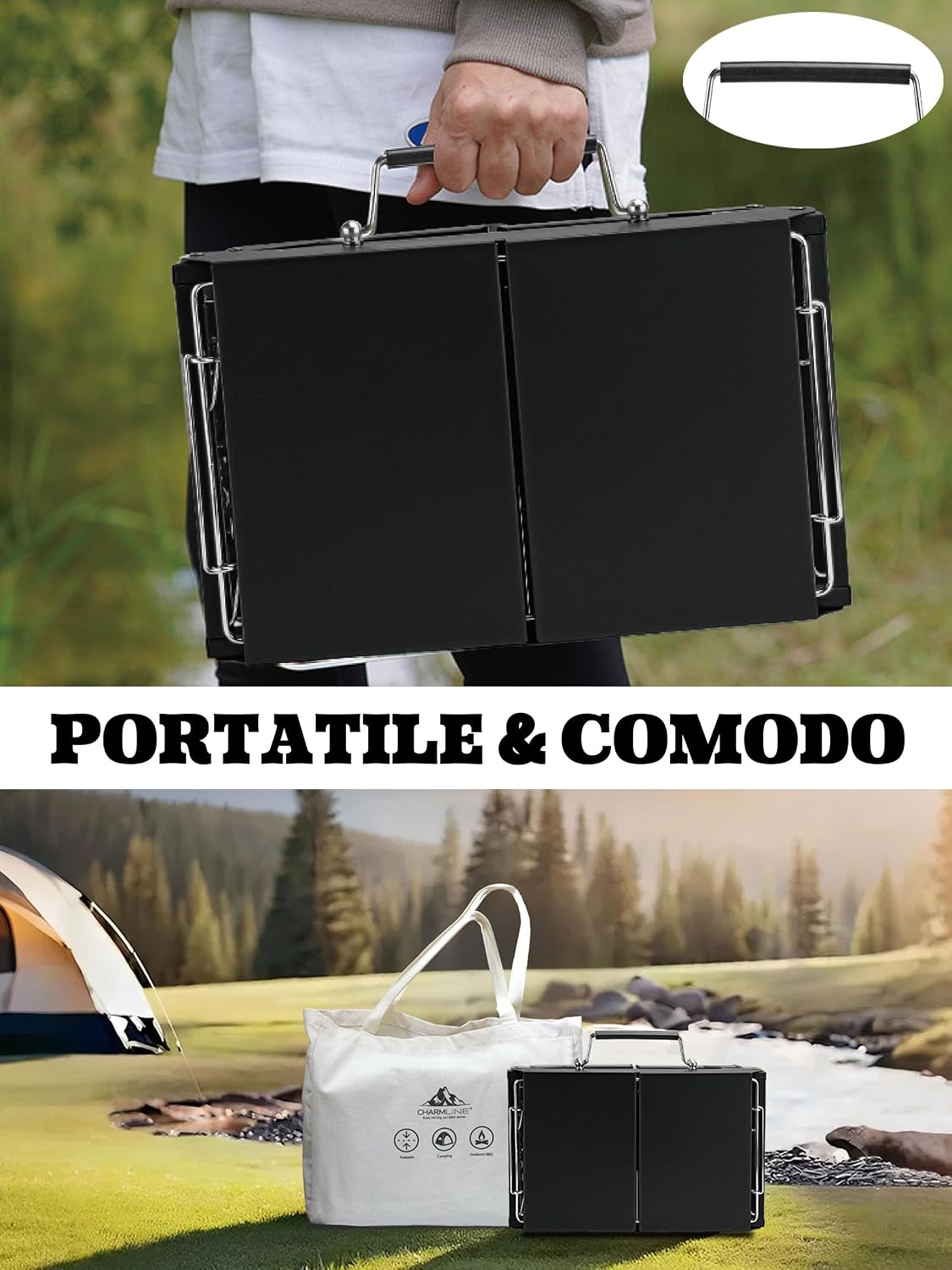 Detalle 2 de Charmline Griglia a Carbone Portatile 34 x 23 cm – Pieghabile, per 1–3 persone