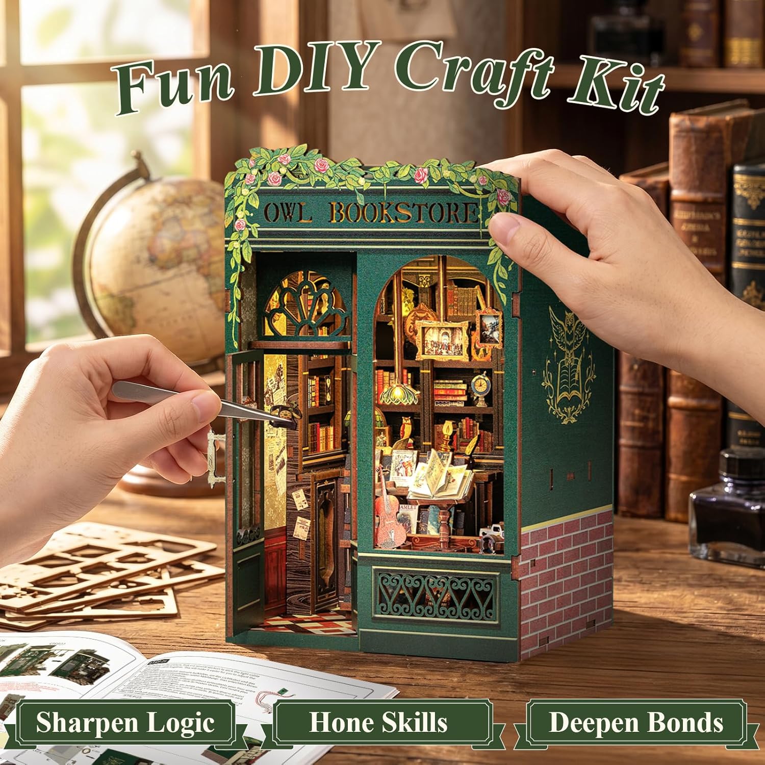 Thumbnail 4 de Cutefun Book Nook – 3D-Holzpuzzle OWL Bookstore mit LED, 139 Teile (DIY Miniatur-Bücherregal)