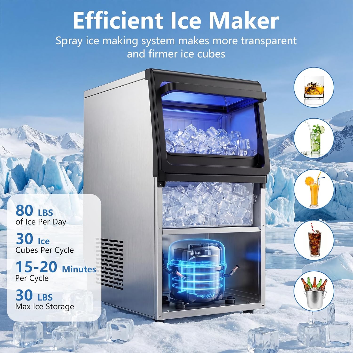 Detalle de COSTWAY 25970US-CYPE Commercial Ice Maker, 80 lb/Day, 30 lb Bin