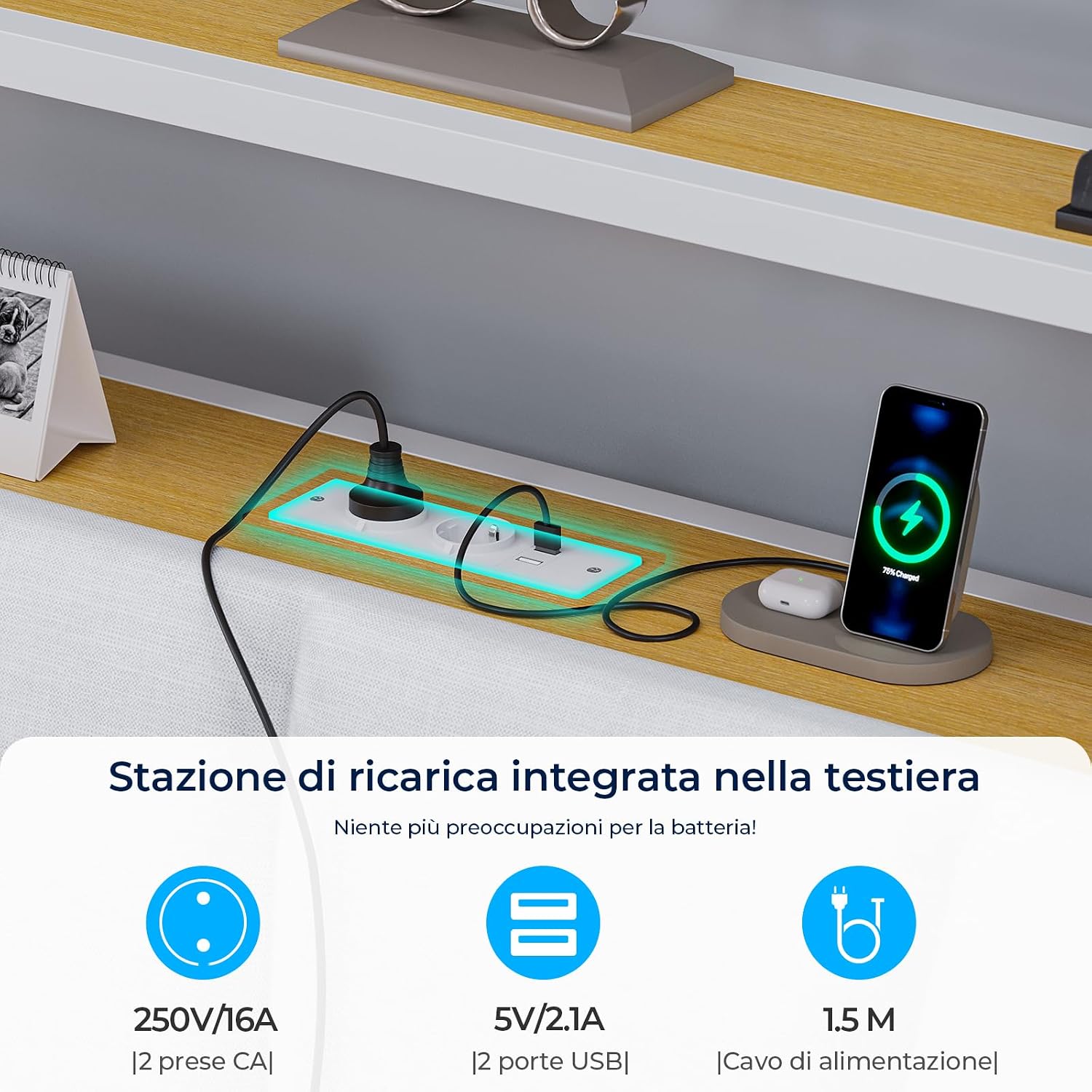Detalle 2 de Brinlawb Struttura Letto 140x190 cm con Testiera Imbottita, LED e Ricarica – Bianco