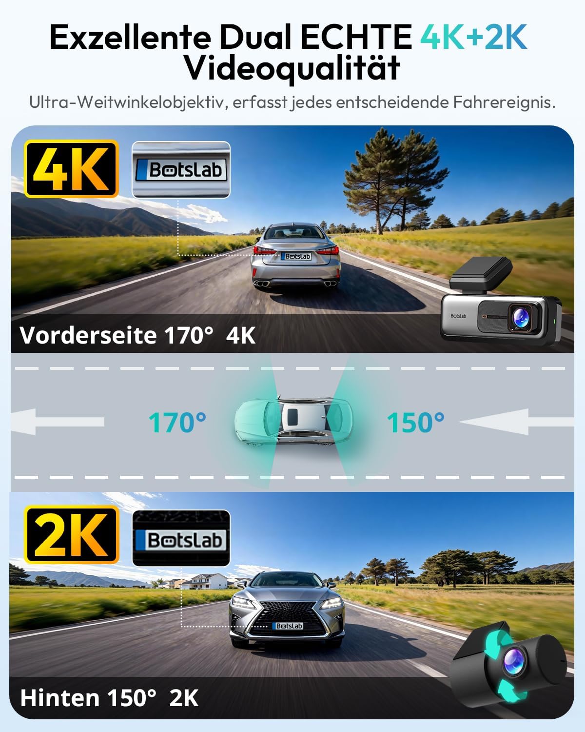 Thumbnail 1 de BOTSLAB Dashcam Auto vorne/hinten 4K mit GPS, WiFi und Dual-Kamera