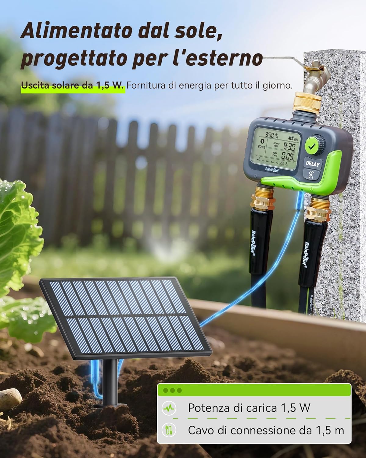 Detalle de RAINPOINT centralina irrigazione 2 vie solare con ampio display LCD – IP65