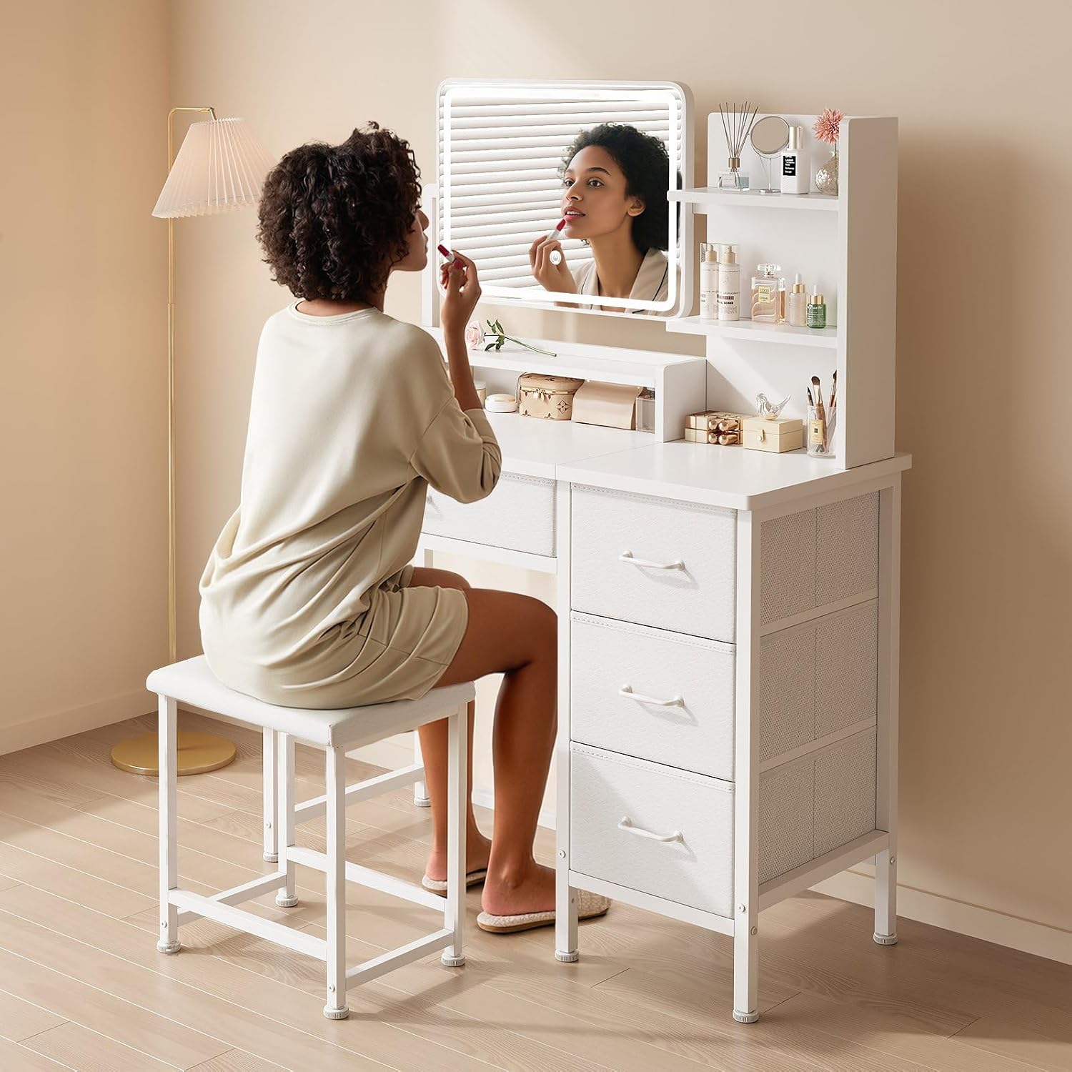 Detalle 2 de YeTom MAKEUP_VANITY Vanity Desk with LED Mirror, 4 Fabric Drawers and Adjustable Brightness