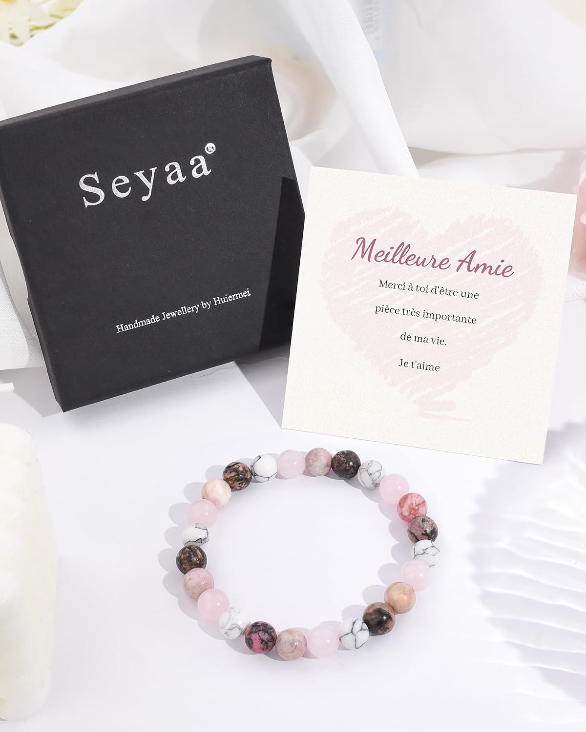 Detalle 2 de Seyaa Bracelet Fête des Mères – Bracelet Pierre Naturelle Quartz Rose, Ajustable 19 cm, Cadeau pour Mère, Belle-Mère, Amie ou Sœur