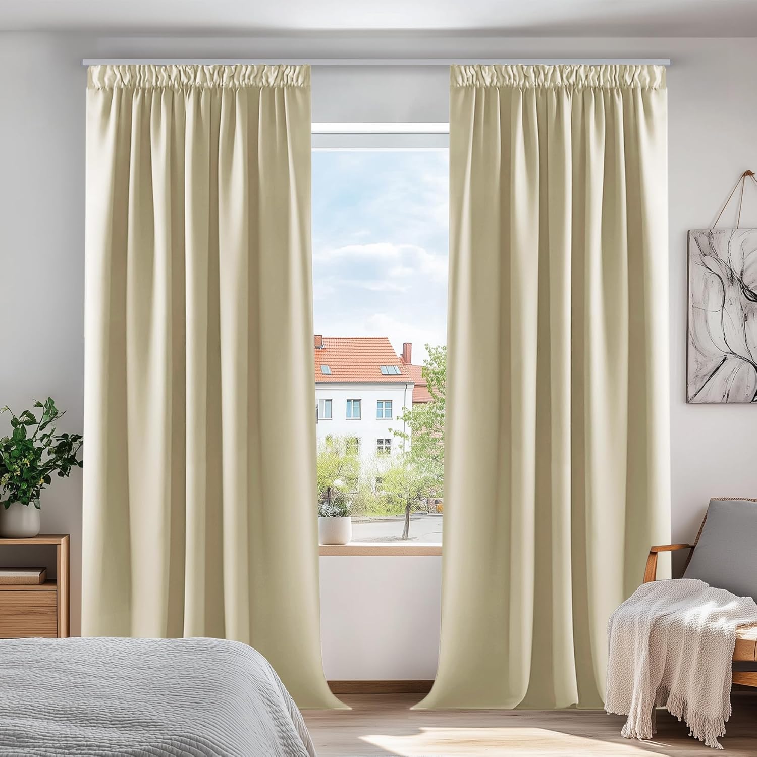 Detalle de Deconovo Beige Pencil Pleat Room Darkening Curtains (52 x 63 Inches) – Set of 2
